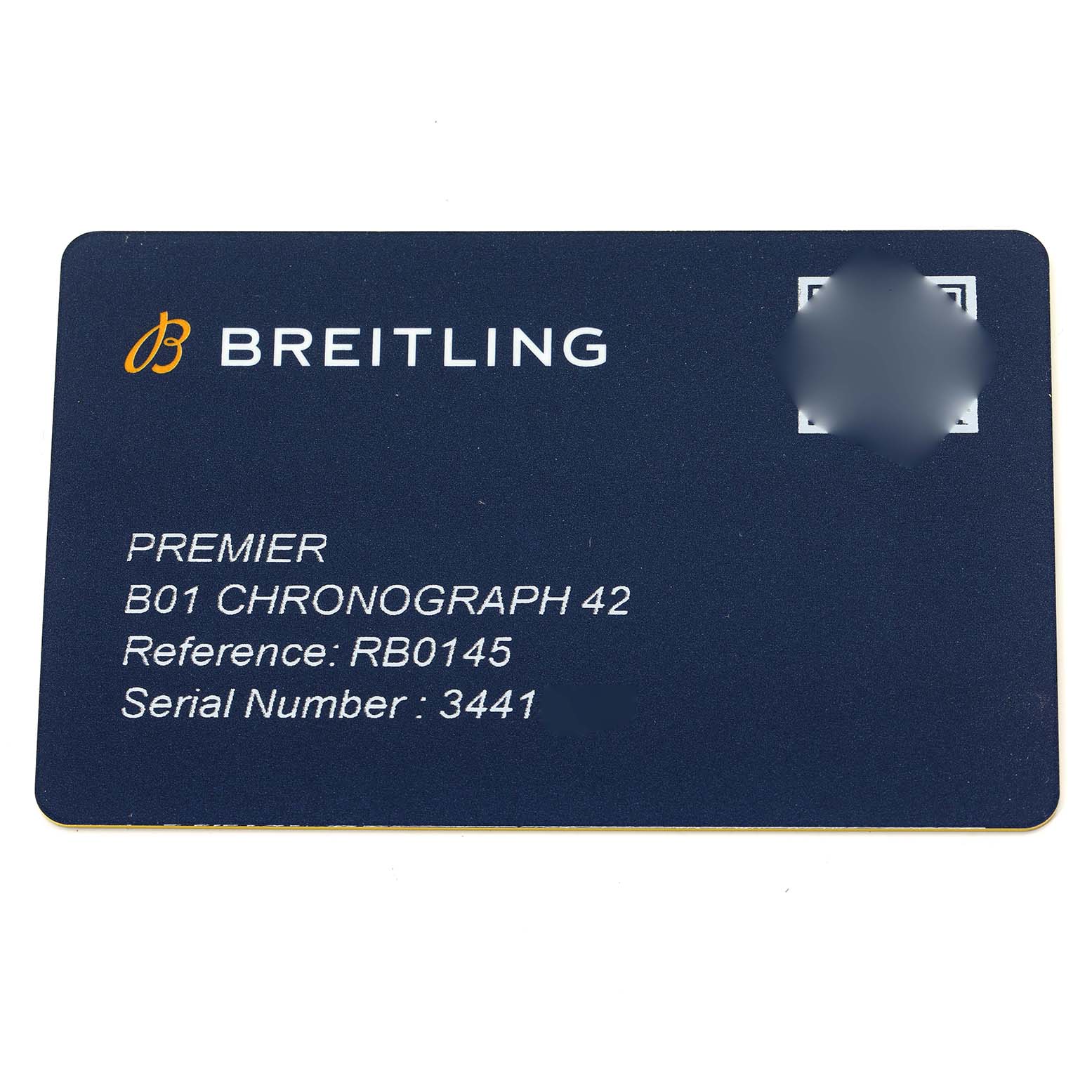 The image shows a warranty card for the Breitling Premier RB0145 Men
s Rose Gold White Dial B01 Chronograph 42 with reference and serial numbers.