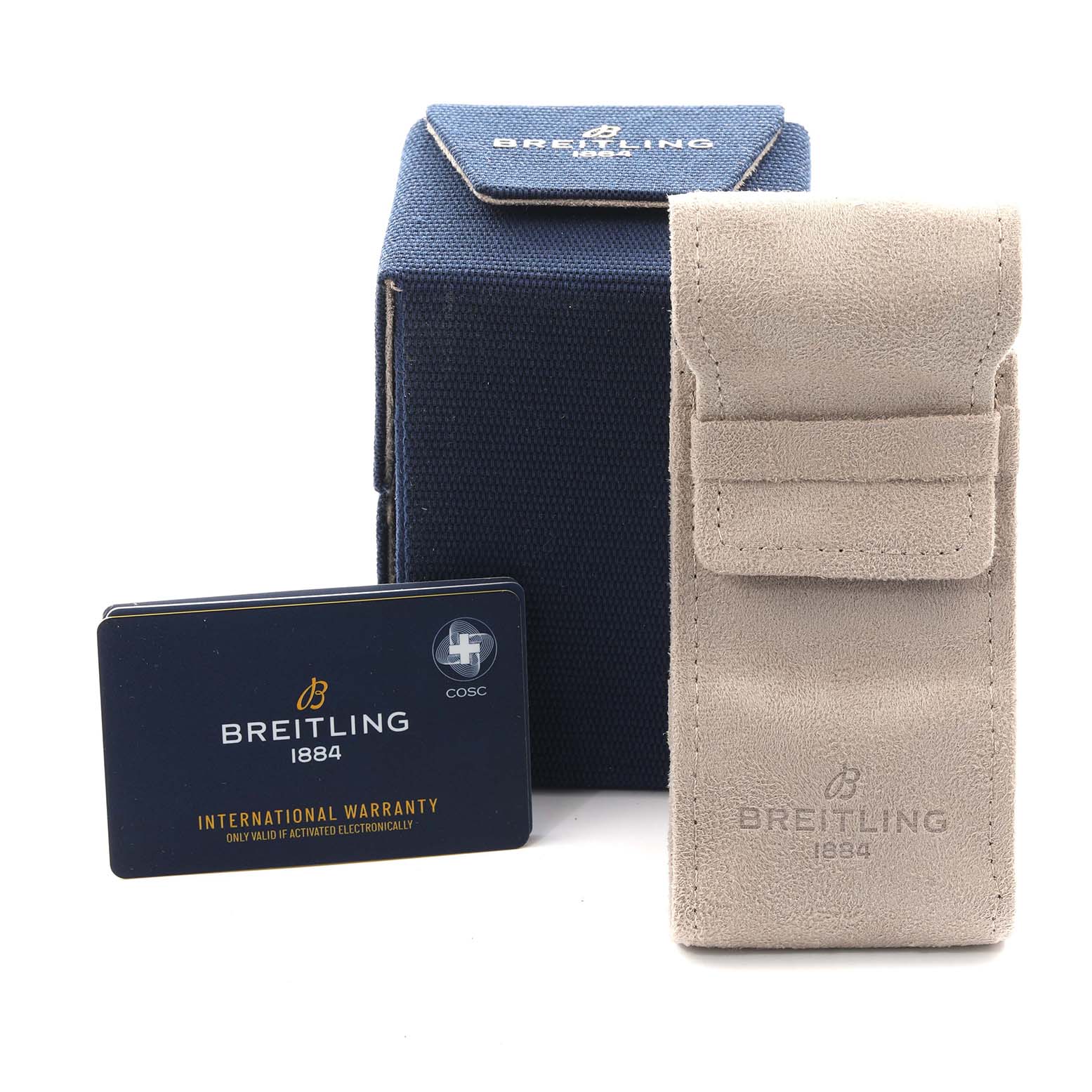 The image shows a Breitling Premier RB0145 Men
s Rose Gold White Dial watch box, warranty card, and a suede travel pouch, all placed upright.