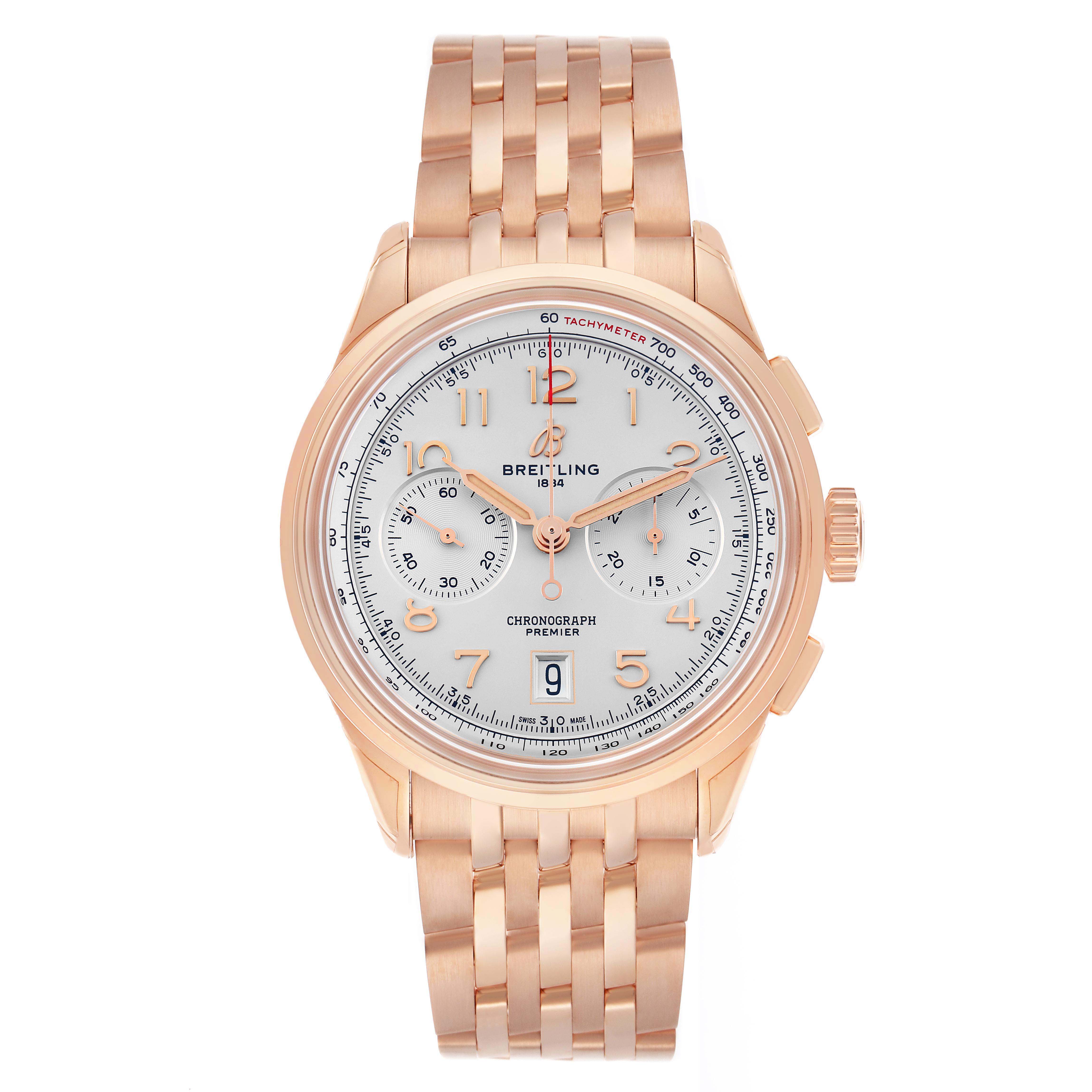 The Breitling Premier RB0145 Men
s Rose Gold White Dial watch is shown from a front angle, displaying the dial, case, and bracelet.