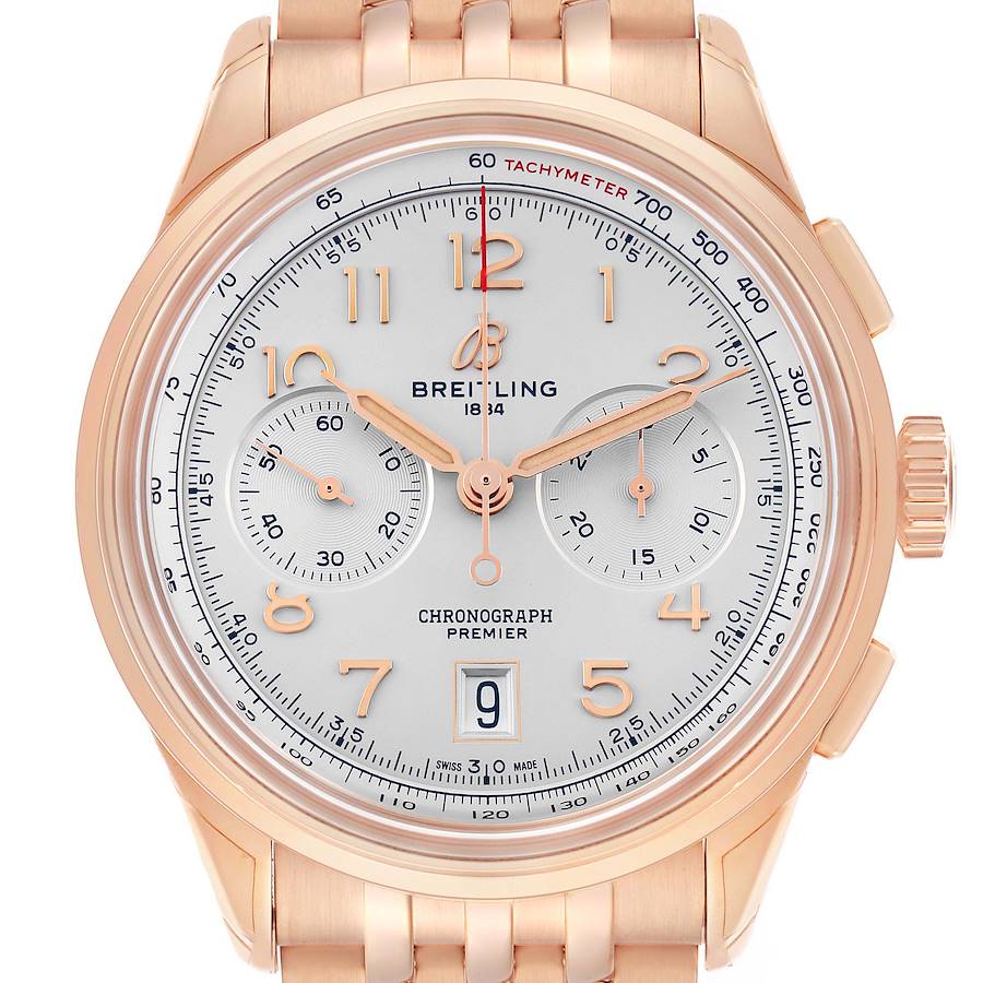 The image shows a front view of a Breitling Premier RB0145 Men's Rose Gold White Dial watch, displaying the dial, subdials, and a tachymeter scale.