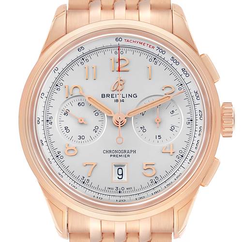 The Breitling Premier RB0145 Men's Rose Gold White Dial watch is shown from a front angle, displaying its face, bezel, chronograph dials, and bracelet links.
