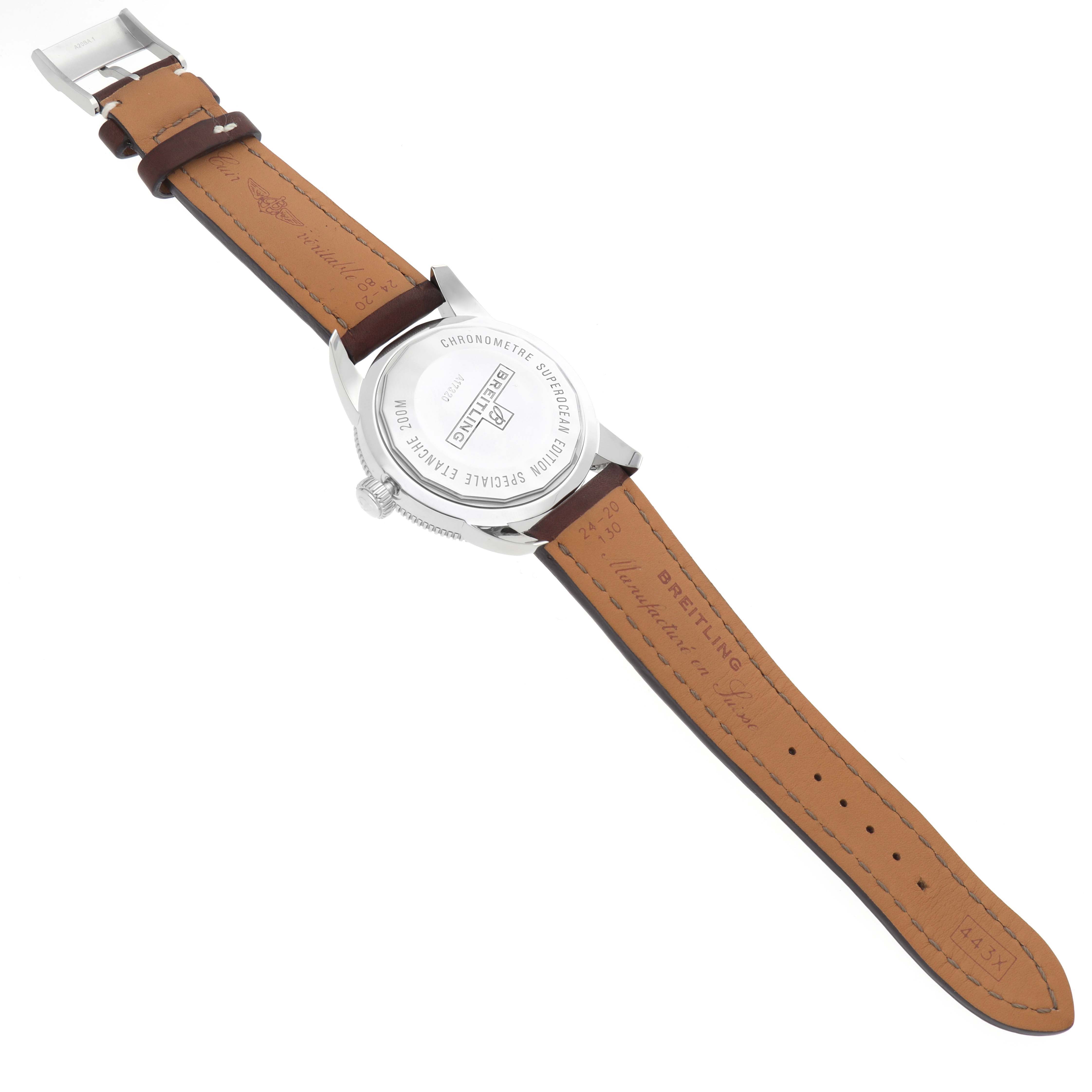 The image shows the back of a Breitling Superocean A17320 Men
s Stainless Steel Brown Dial watch, including the case back and leather strap.