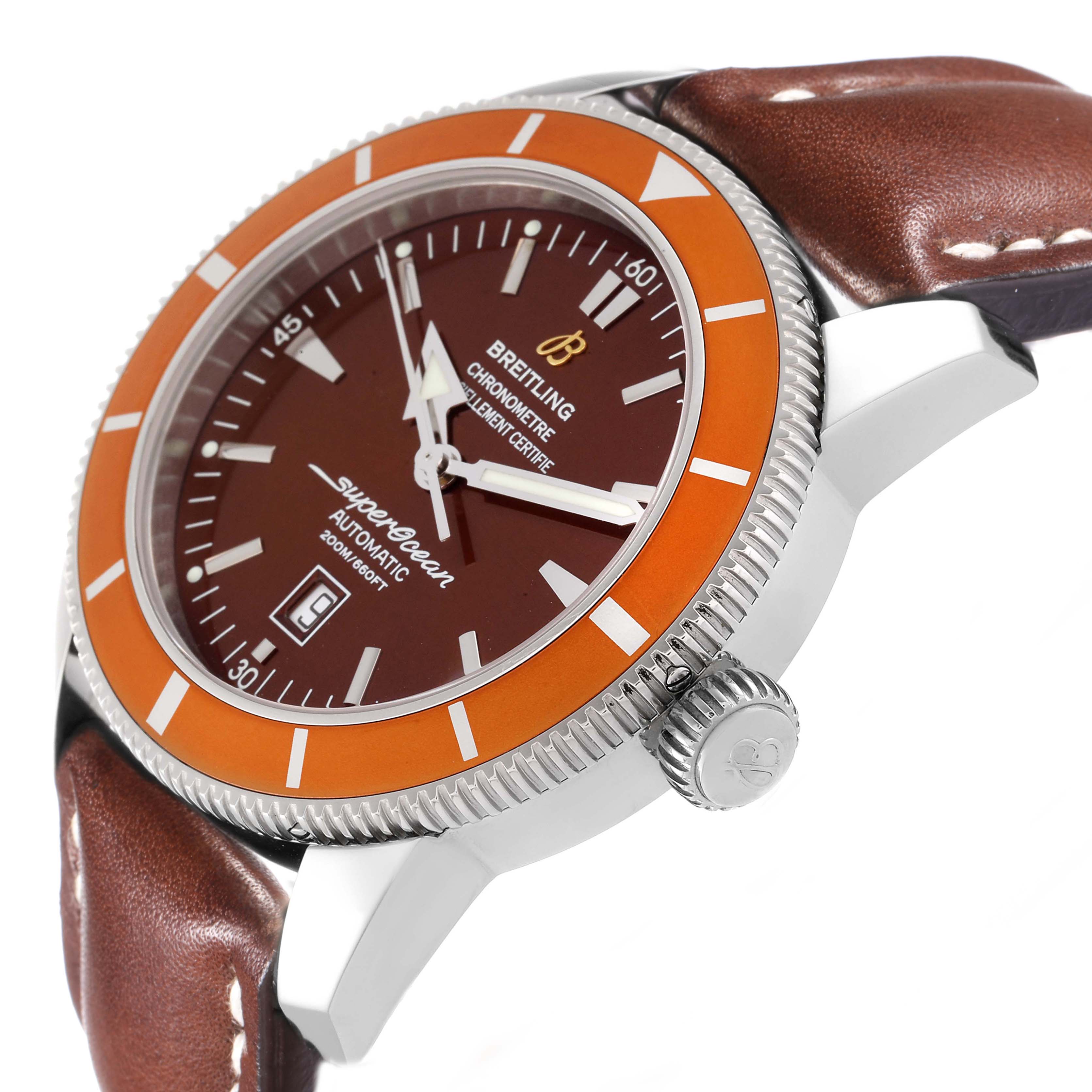 The Breitling Superocean A17320 Men
s Stainless Steel Brown Dial watch is shown at a slight side angle, highlighting the orange bezel, dial, crown, and brown leather strap.