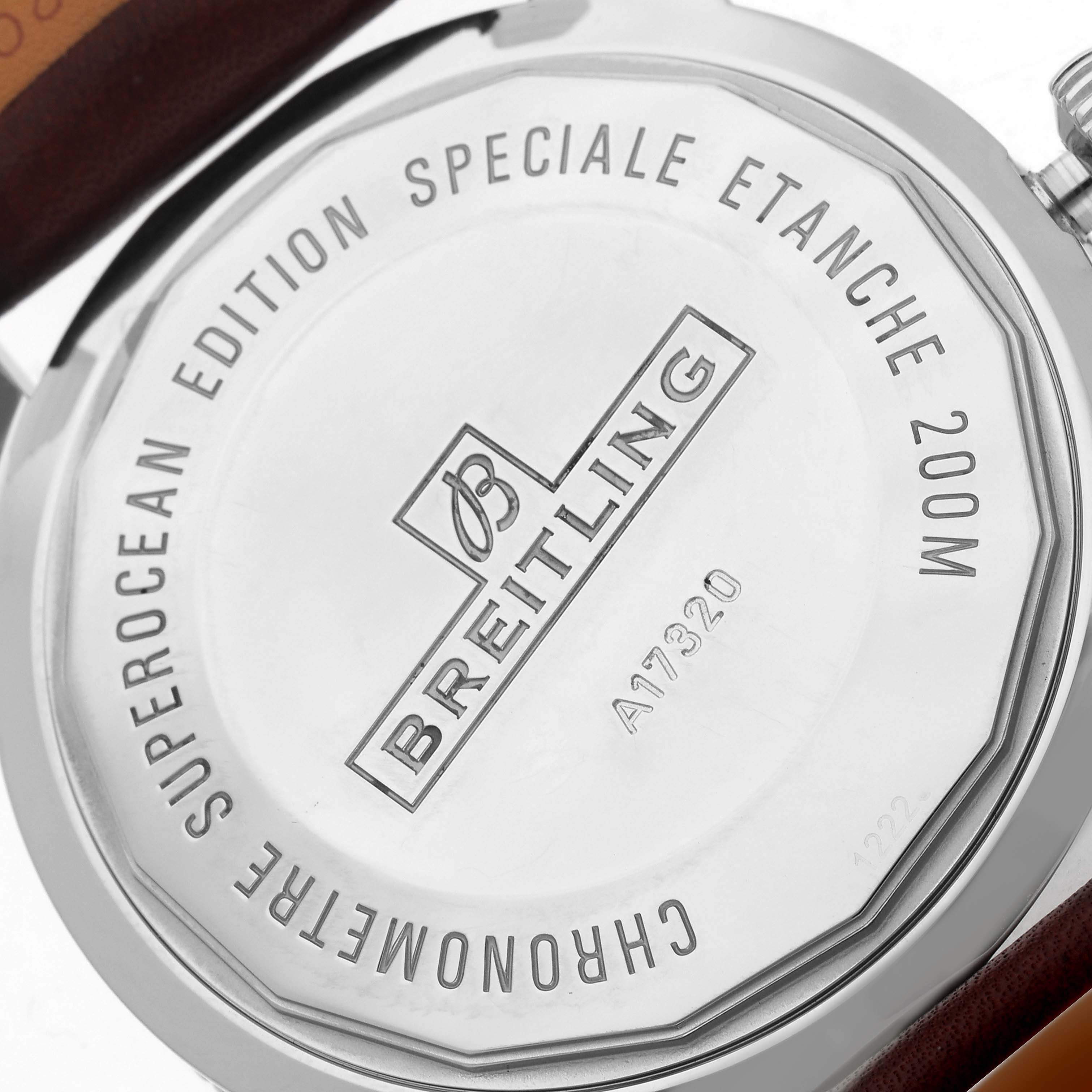 The image shows the back case of a Breitling Superocean A17320 Men
s Stainless Steel Brown Dial watch with branding and specifications engraved.