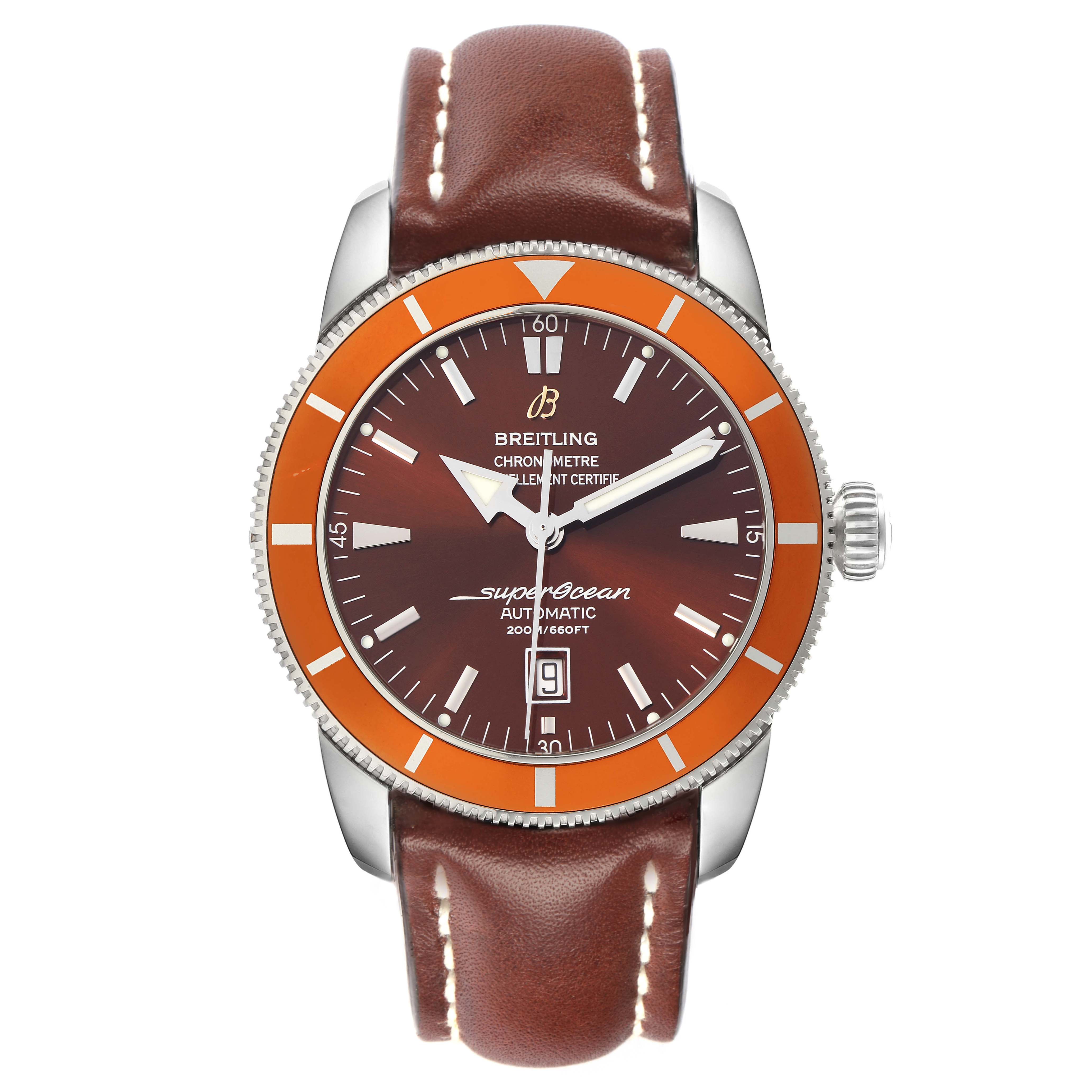 The Breitling Superocean A17320 Men
s Stainless Steel Brown Dial watch is shown from a front angle, displaying the dial, bezel, and leather strap.