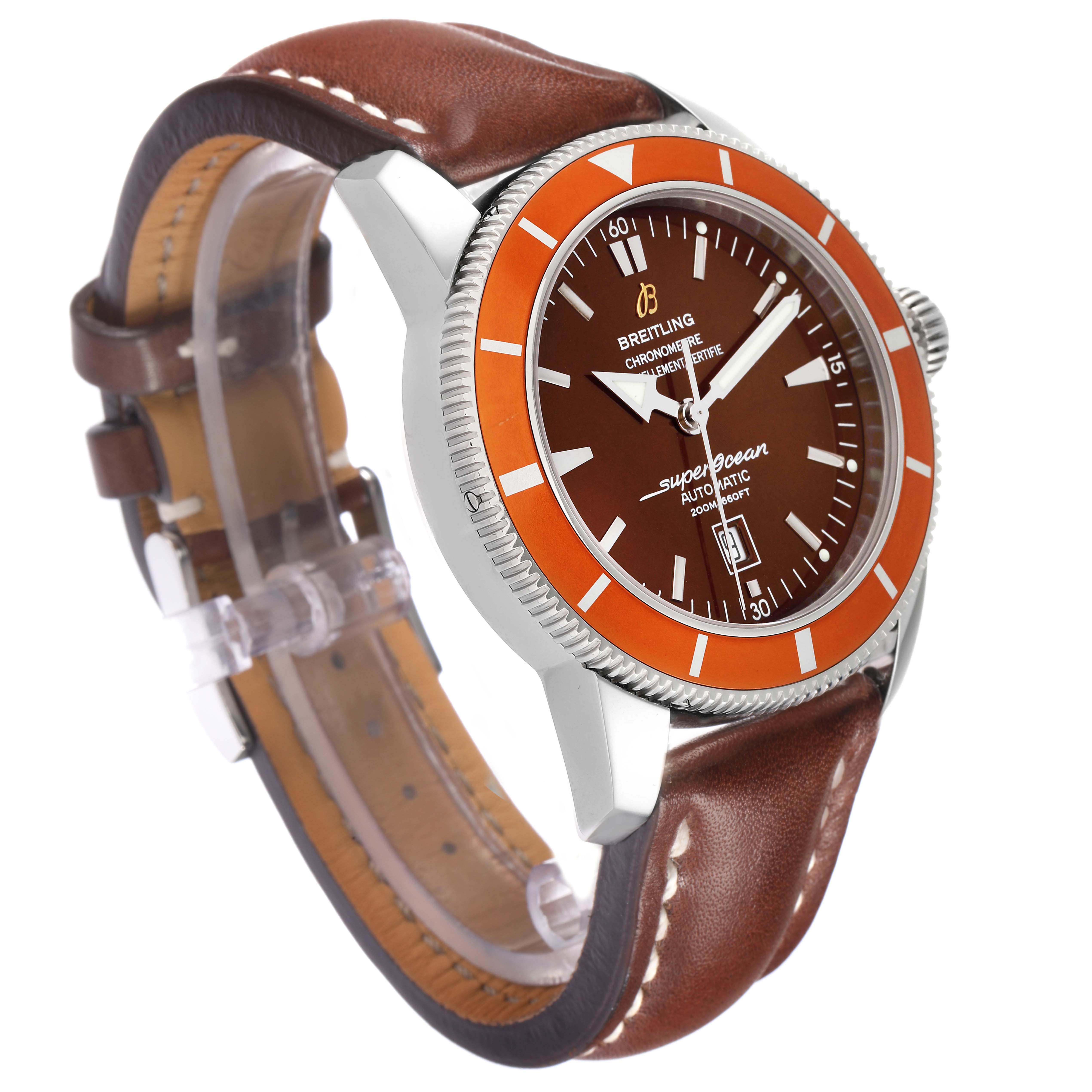 The Breitling Superocean A17320 Men
s Stainless Steel Brown Dial watch is shown from a three-quarter angle, highlighting the face, orange bezel, brown strap, and case.