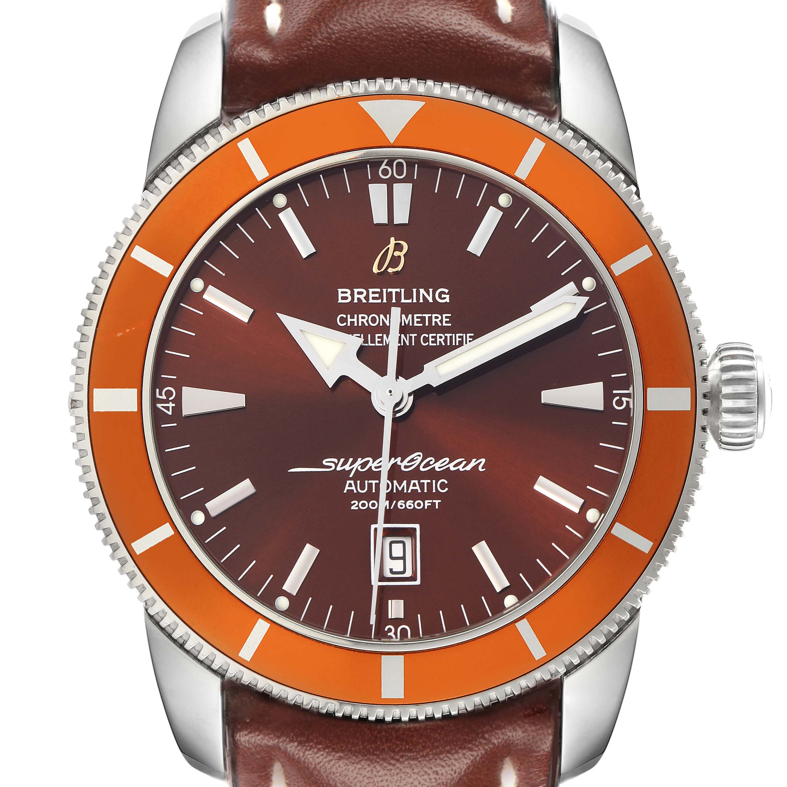 The Breitling Superocean A17320 Men
s Stainless Steel Brown Dial watch is shown from the front, displaying its bezel, dial, hands, crown, and part of the leather strap.