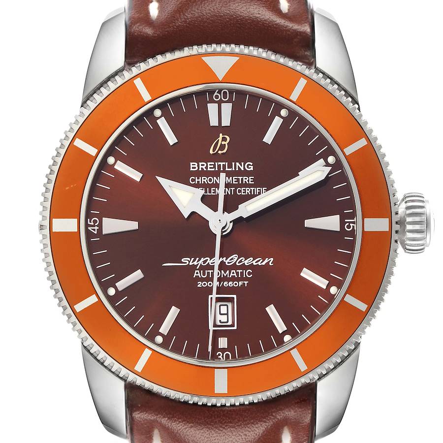 The Breitling Superocean A17320 Men's Stainless Steel Brown Dial watch is shown from the front, displaying its bezel, dial, hands, crown, and part of the leather strap.