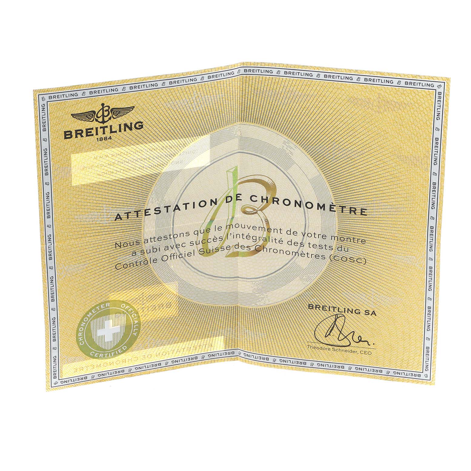 The image shows a Breitling Superocean A17320 Men
s Stainless Steel Brown Dial certification document, not the watch itself.