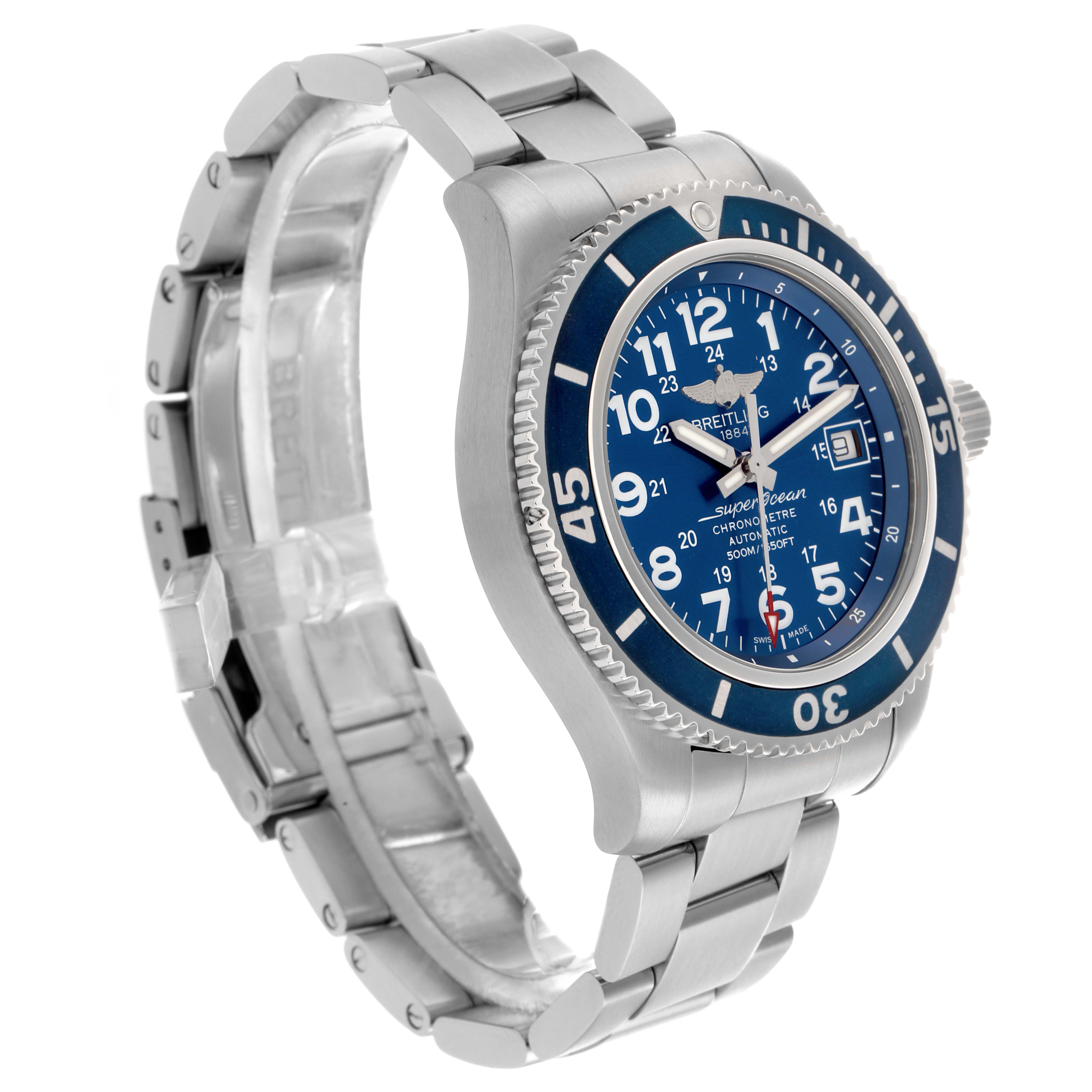The image shows a Breitling Superocean A17365 Men
s Stainless Steel Blue Dial watch at an angled side view, highlighting the band, bezel, and face details.