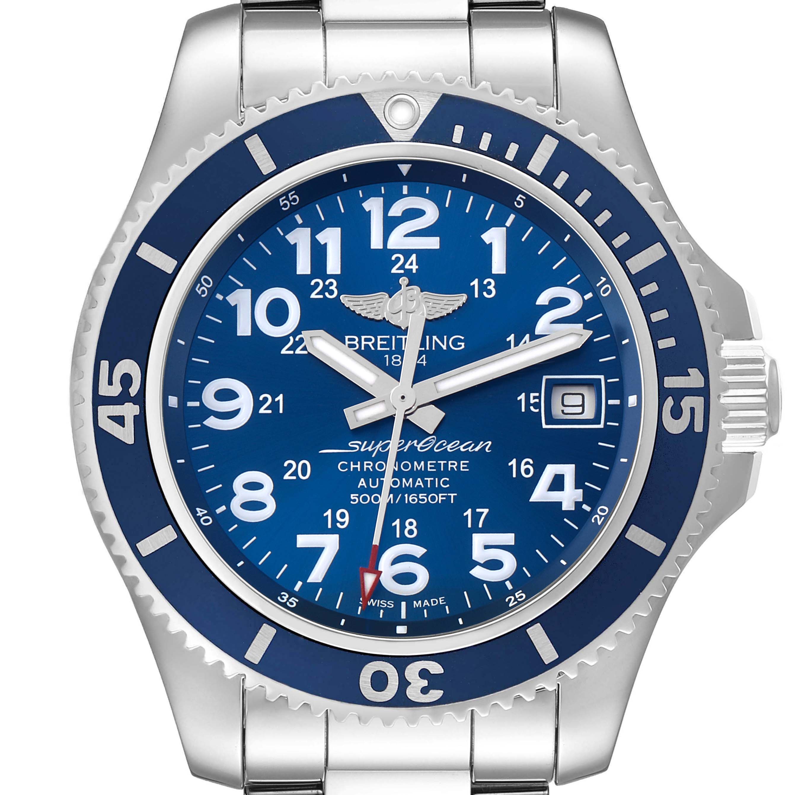 The image shows a Breitling Superocean A17365 Men
s Stainless Steel Blue Dial watch from the front, highlighting the blue dial, bezel, and crown.