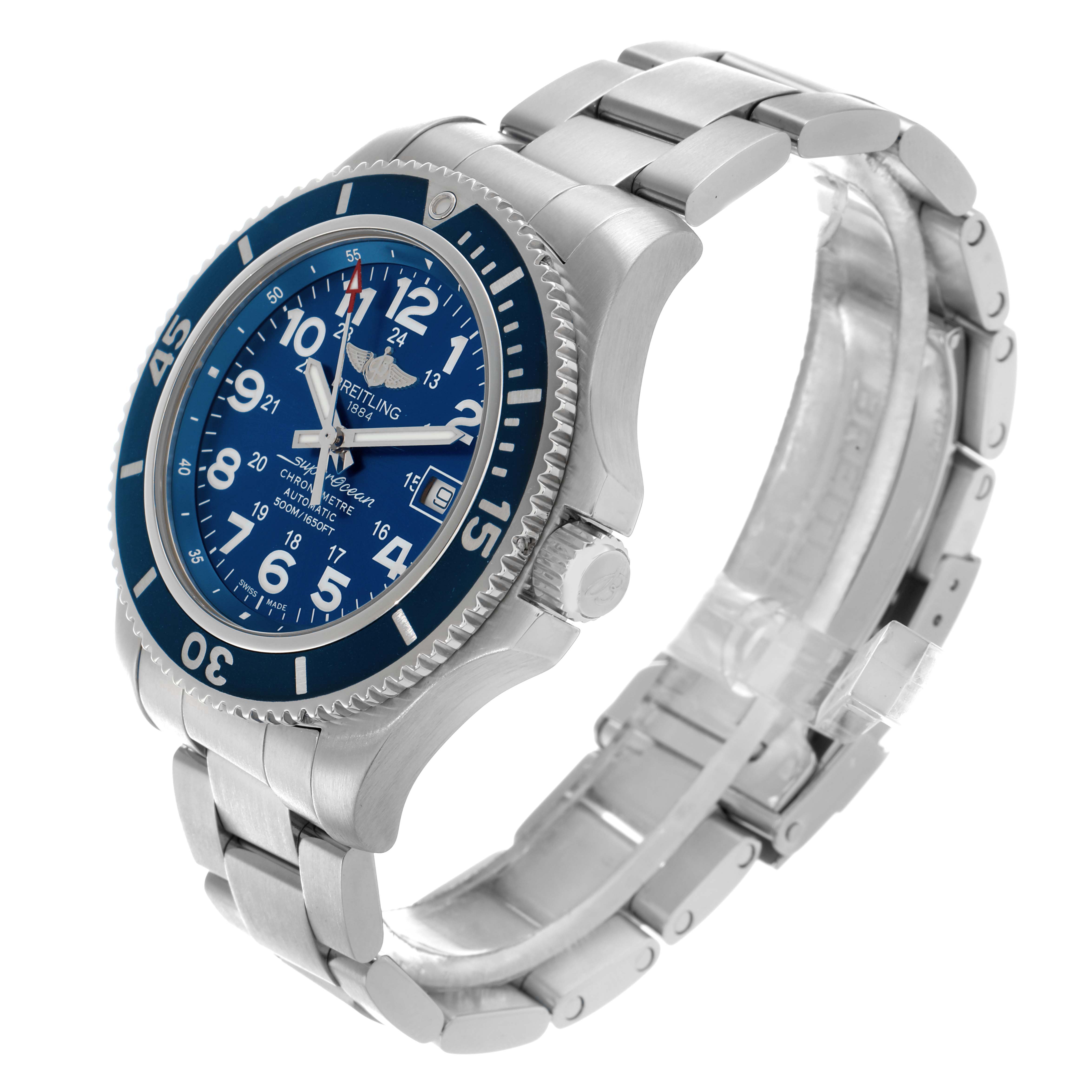 The Breitling Superocean A17365 Men
s Stainless Steel Blue Dial watch is shown from a front-side angle, highlighting the dial, bezel, crown, and metal bracelet.