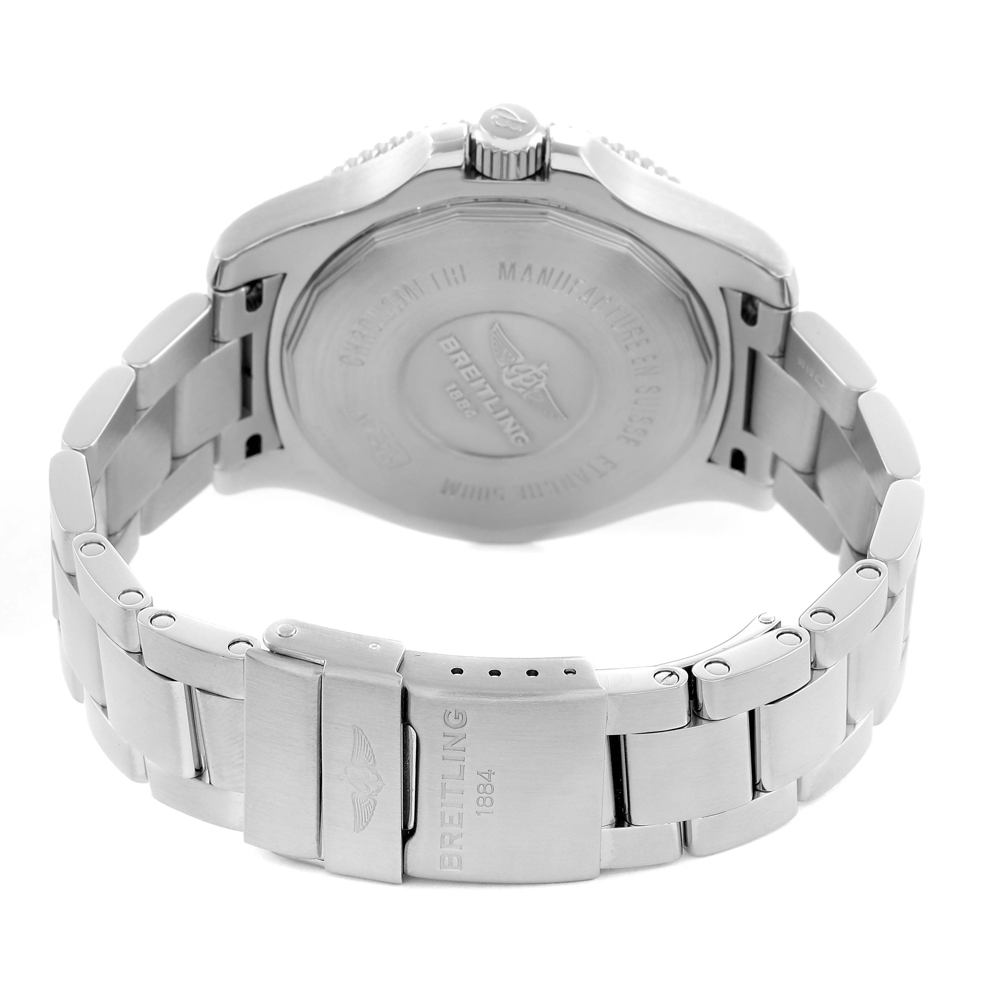 The image shows the back view of a Breitling Superocean A17365 Men
s Stainless Steel Blue Dial watch, highlighting the case back and stainless steel bracelet clasp.