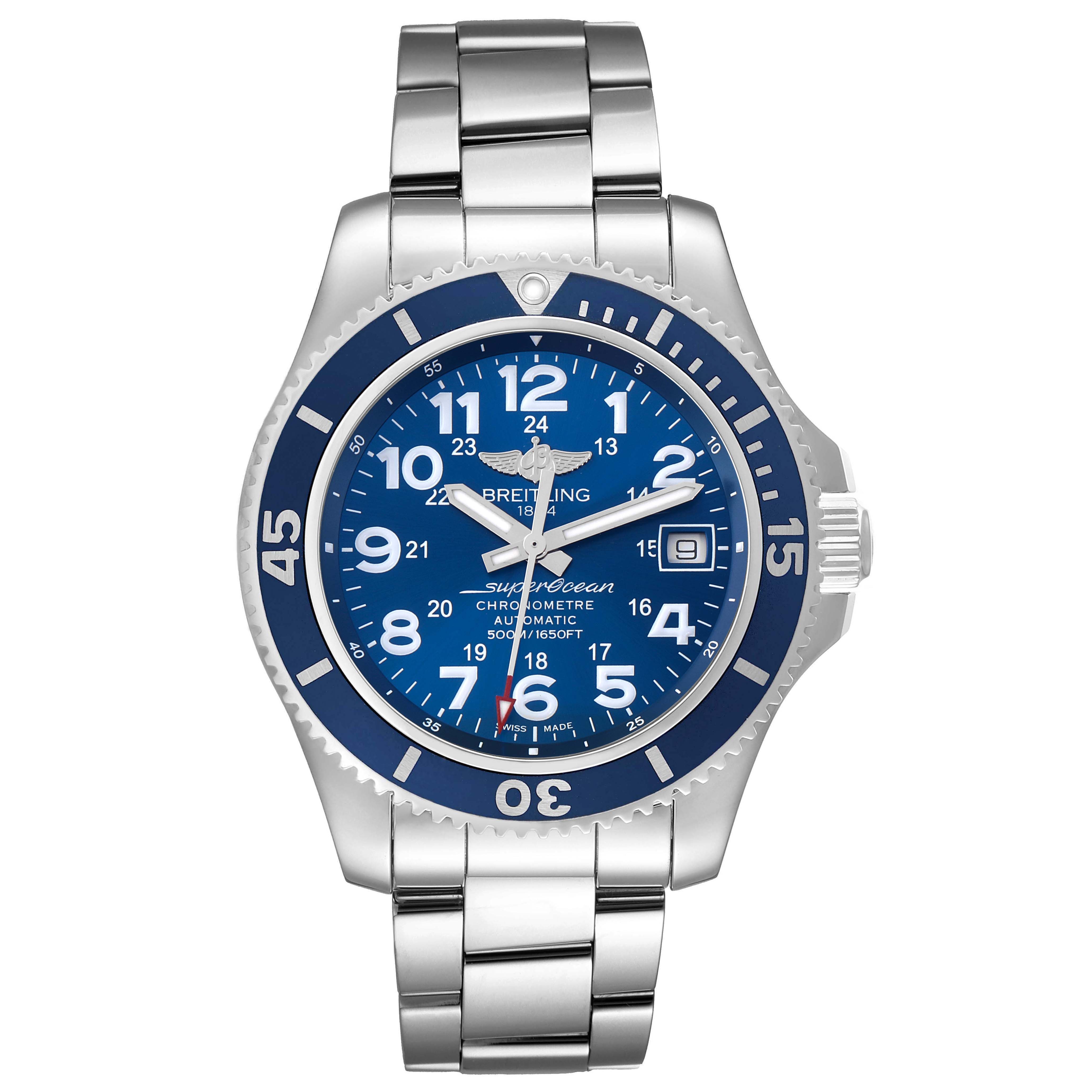 The Breitling Superocean A17365 Men
s Stainless Steel Blue Dial watch is shown from a front angle, highlighting the dial, bezel, crown, and bracelet.