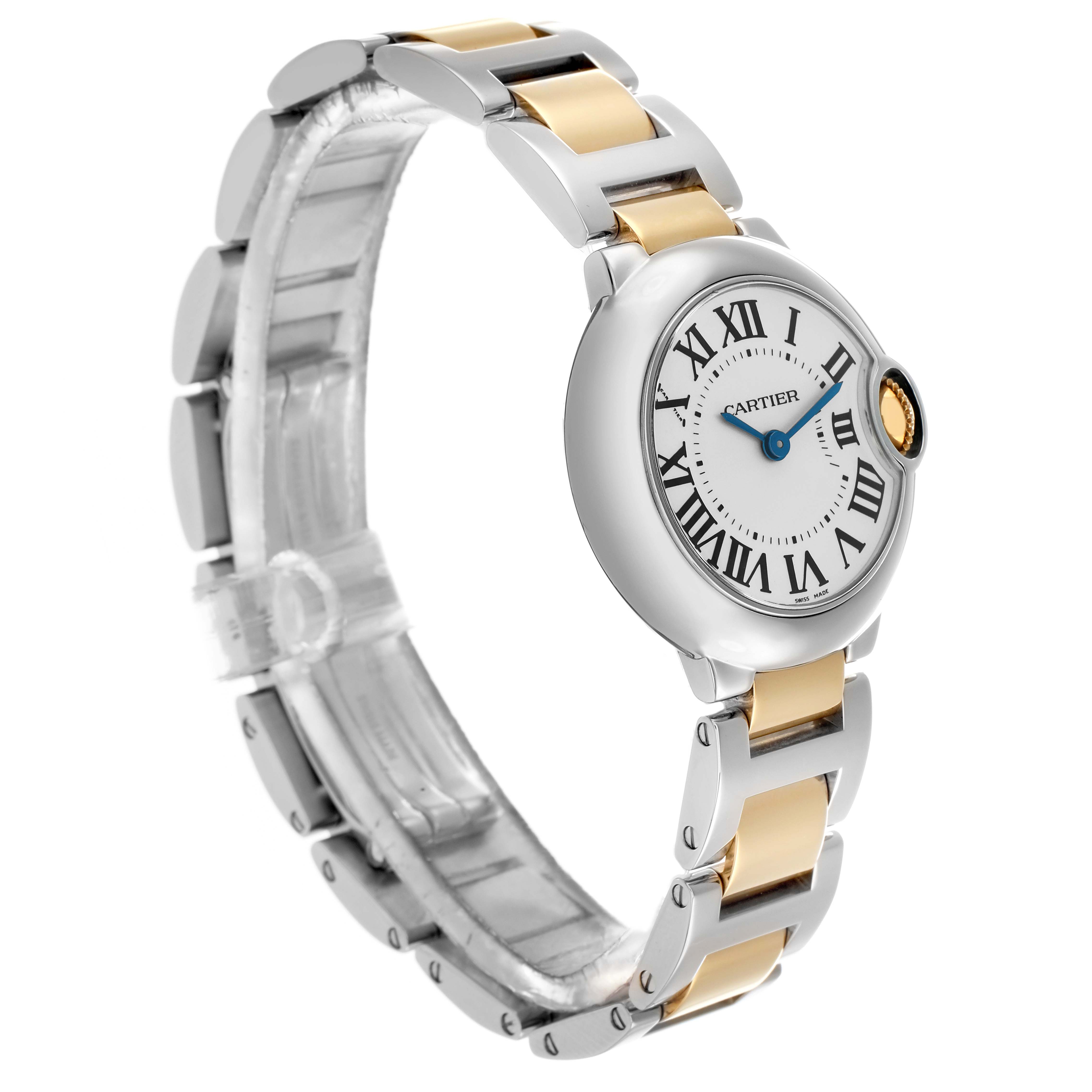 The Cartier Ballon Bleu W69007Z3 Women
s Steel and Gold (two tone) Silver Dial watch is shown at a three-quarter angle, highlighting its face, crown, and mixed metal bracelet.