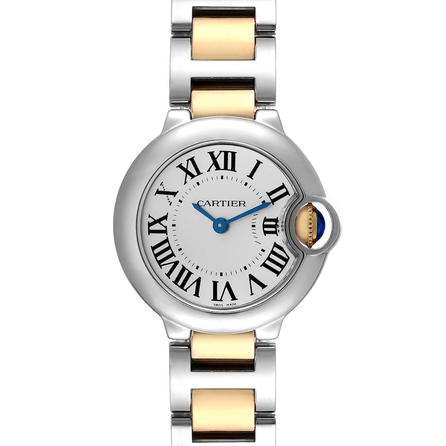 The Ballon Bleu de Cartier watch is shown from a top view, highlighting the round case, Roman numerals, blue hands, and metal bracelet.