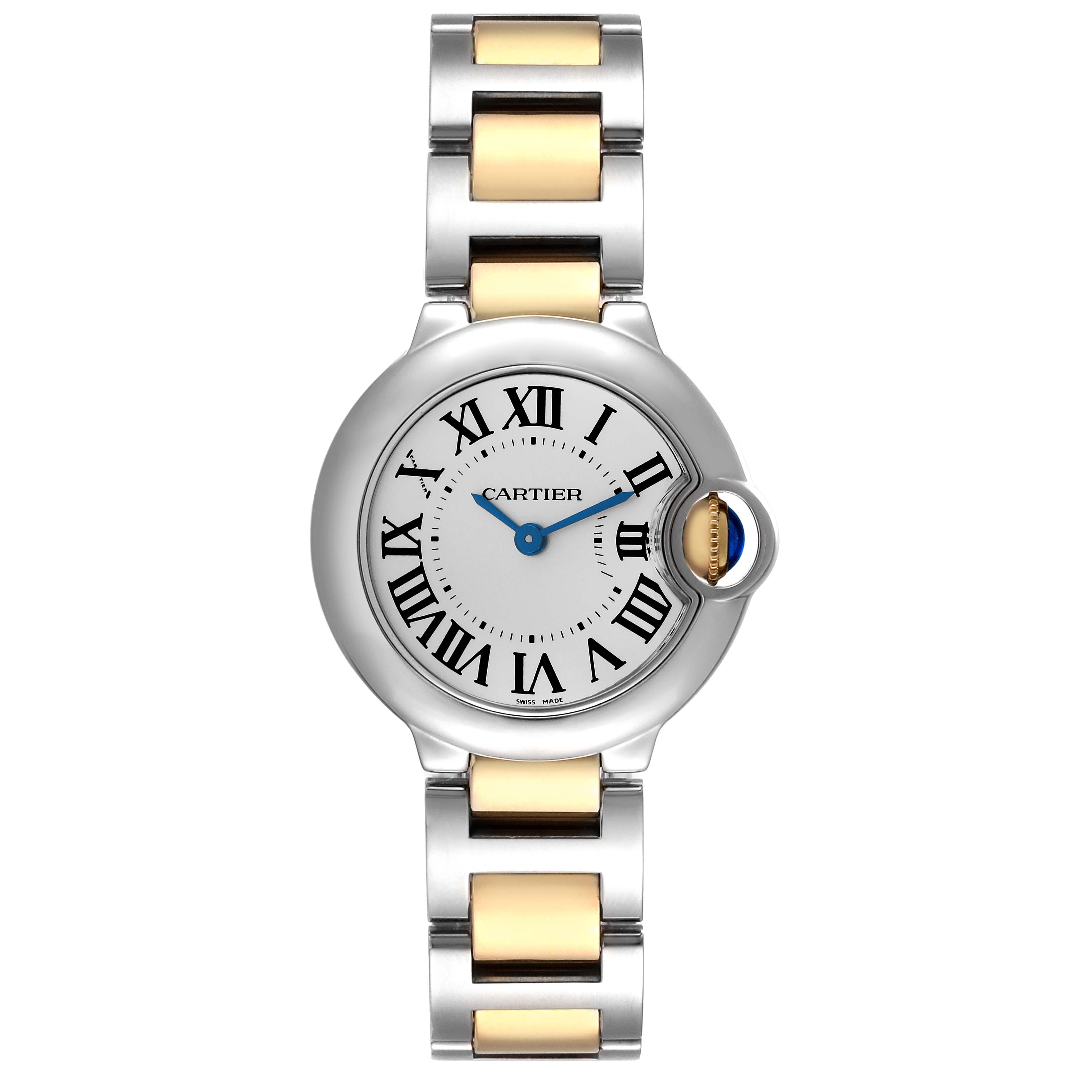 The Cartier Ballon Bleu W69007Z3 Women
s Steel and Gold (two tone) Silver Dial watch is shown from a top-down angle, featuring its face and two-tone metal bracelet.