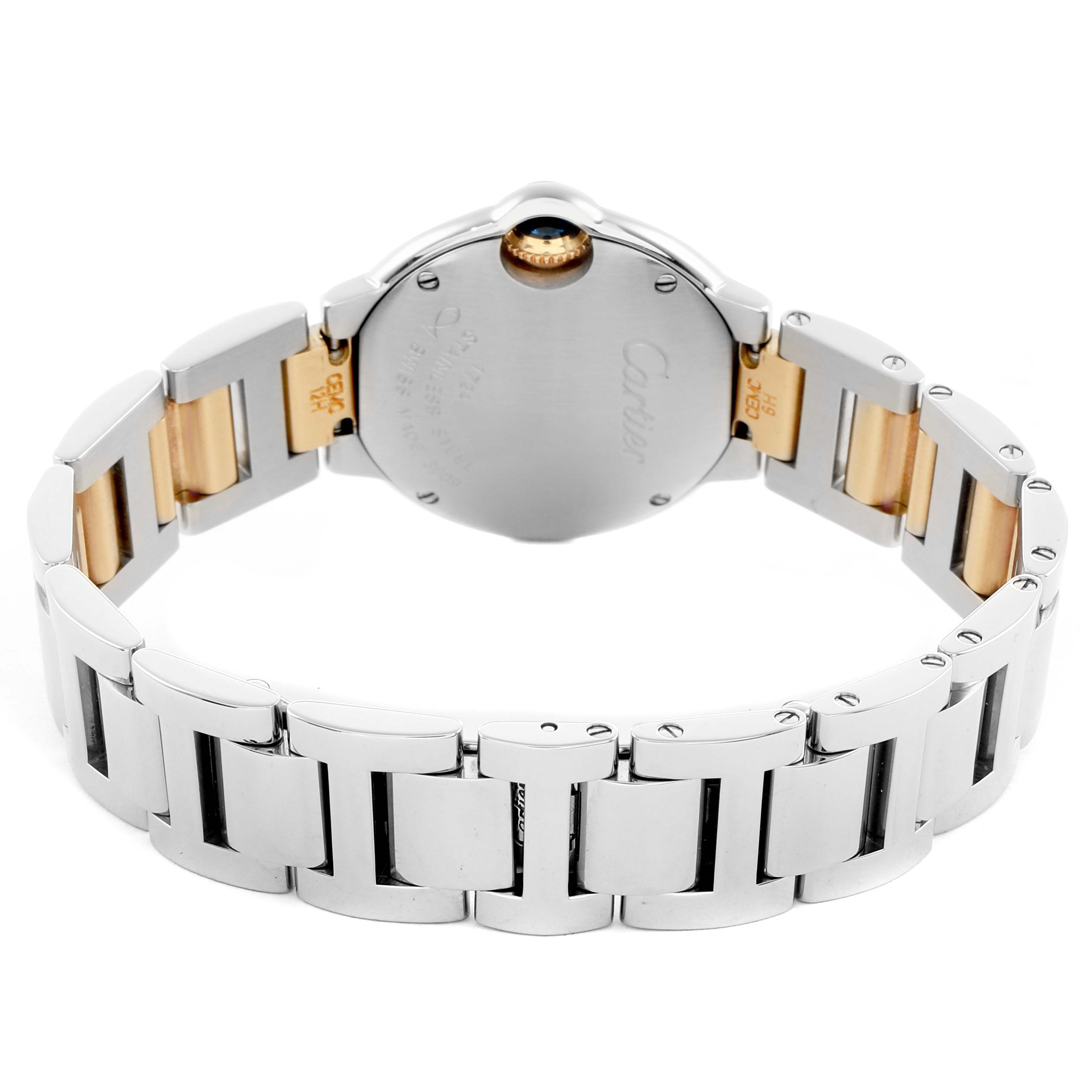 The Cartier Ballon Bleu W69007Z3 Women
s Steel and Gold (two tone) Silver Dial watch is shown from the back, highlighting the case back and bracelet links.