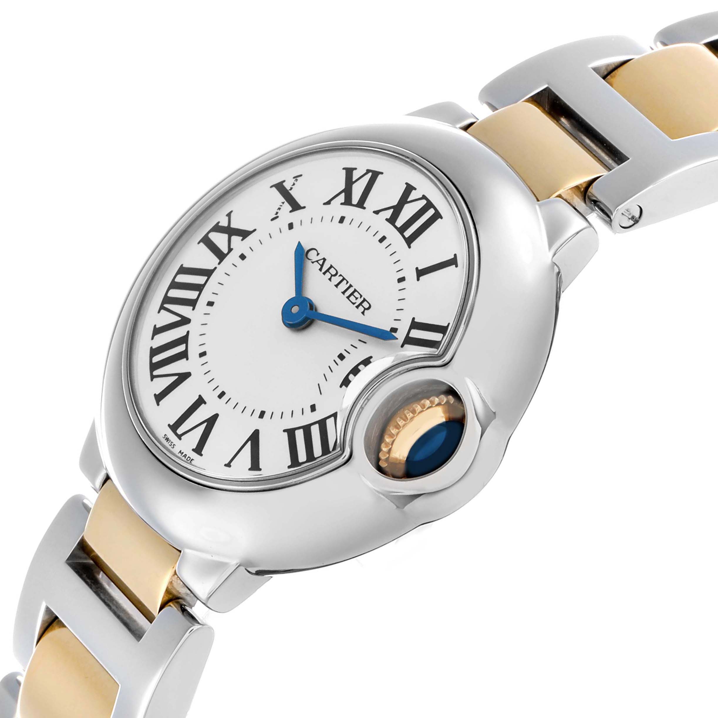 The Cartier Ballon Bleu W69007Z3 Women
s Steel and Gold (two tone) Silver Dial watch is shown at a slight side angle, displaying the face, Roman numerals, blue hands, and crown.