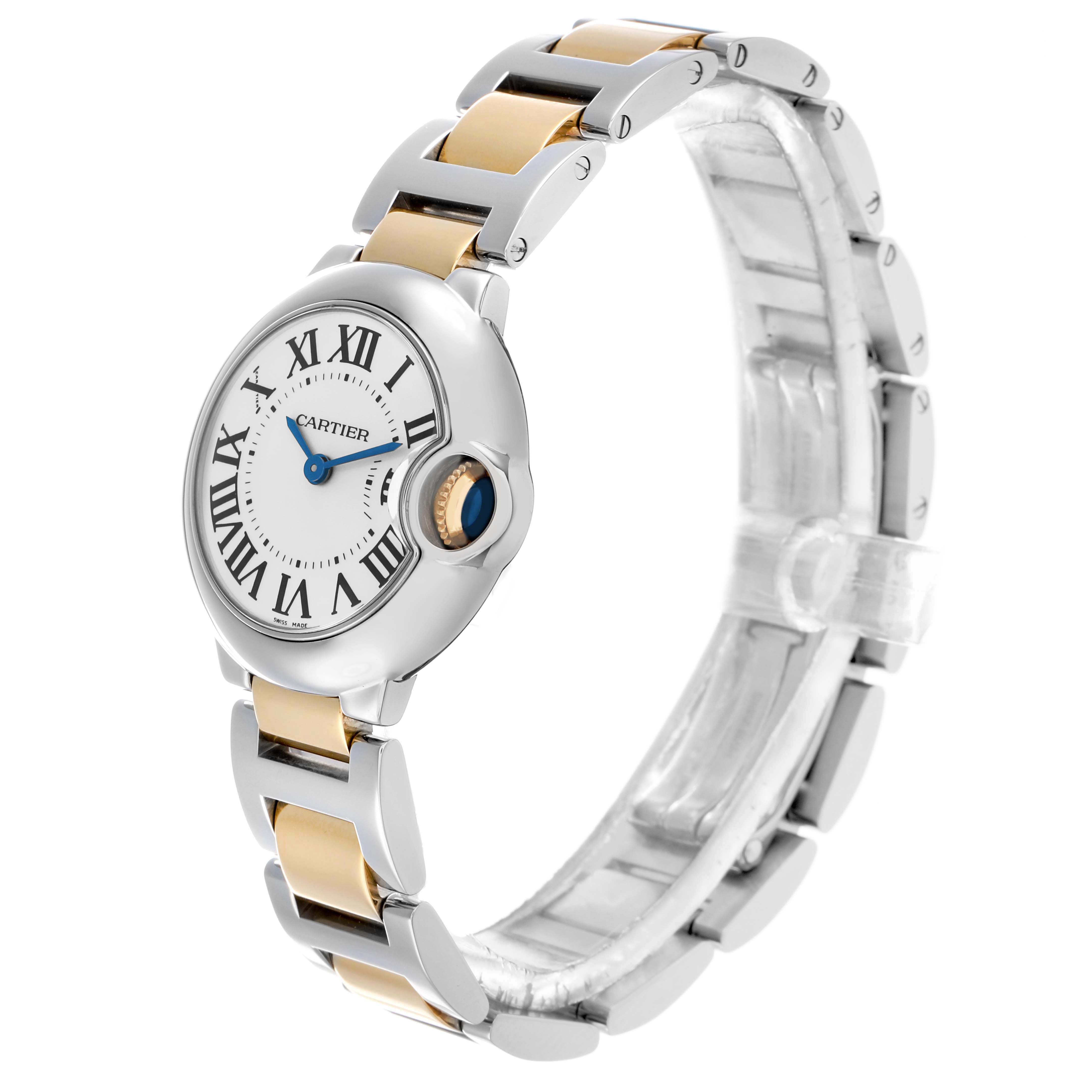 The Cartier Ballon Bleu W69007Z3 Women
s Steel and Gold (two tone) Silver Dial watch is shown at a three-quarter angle, highlighting its round face, crown, and two-tone bracelet.
