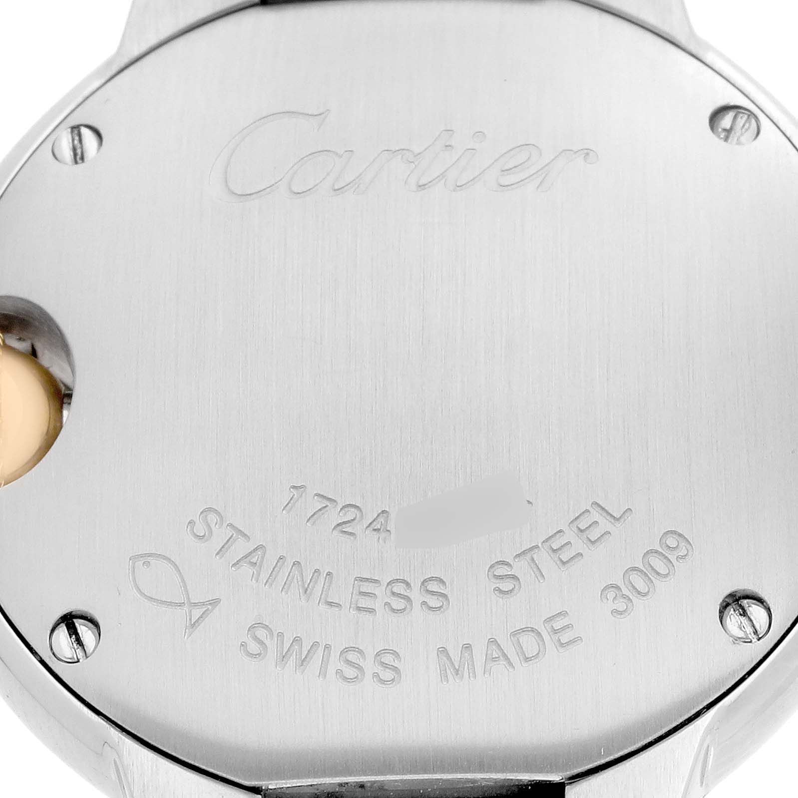 The image shows the stainless steel back of a Cartier Ballon Bleu W69007Z3 Women
s Steel and Gold (two tone) Silver Dial watch with engraved details and screws.