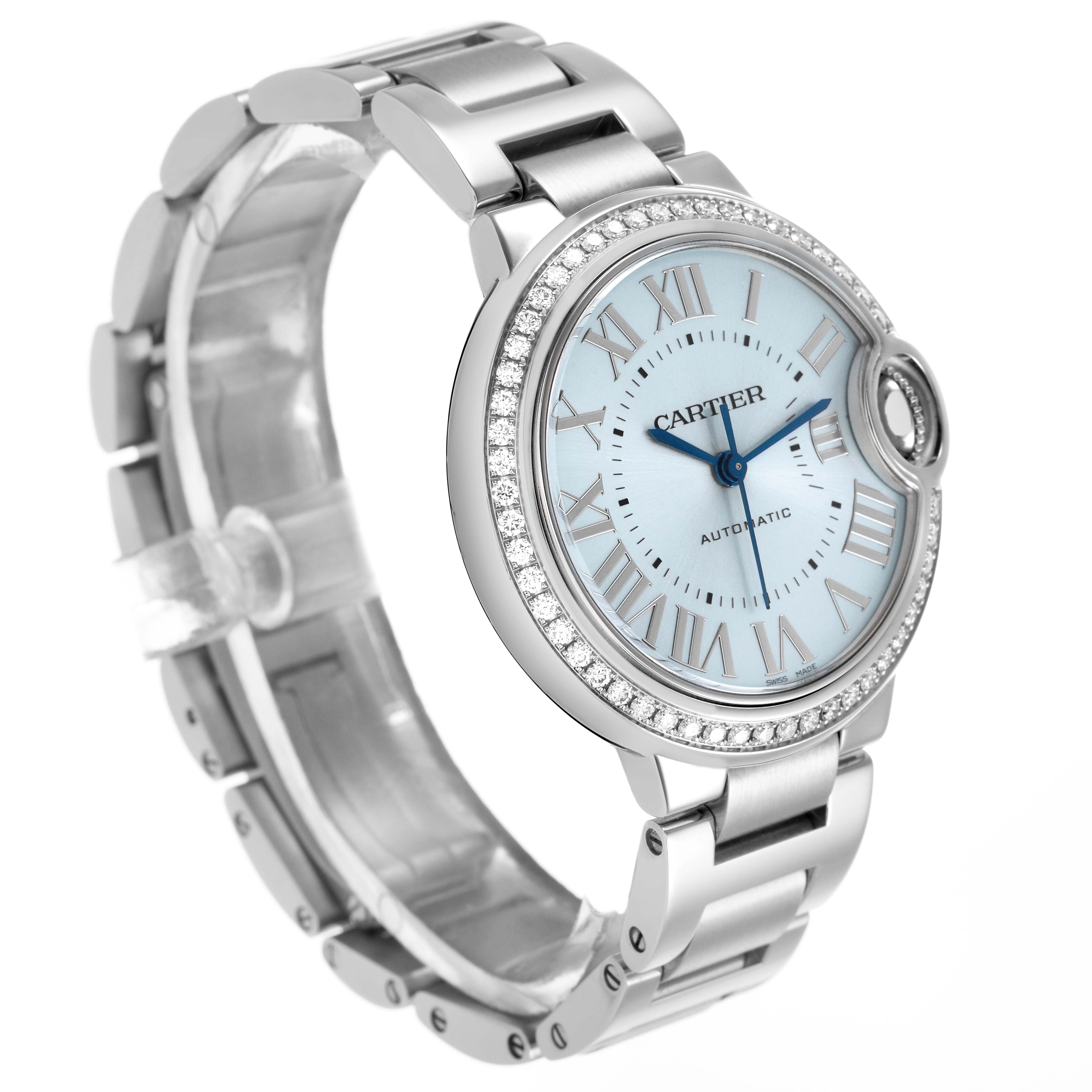 The Cartier Ballon Bleu W4BB0028 Women's Stainless Steel Blue Dial watch is shown from a three-quarter angle, highlighting its face, Roman numeral dial, and metal bracelet.