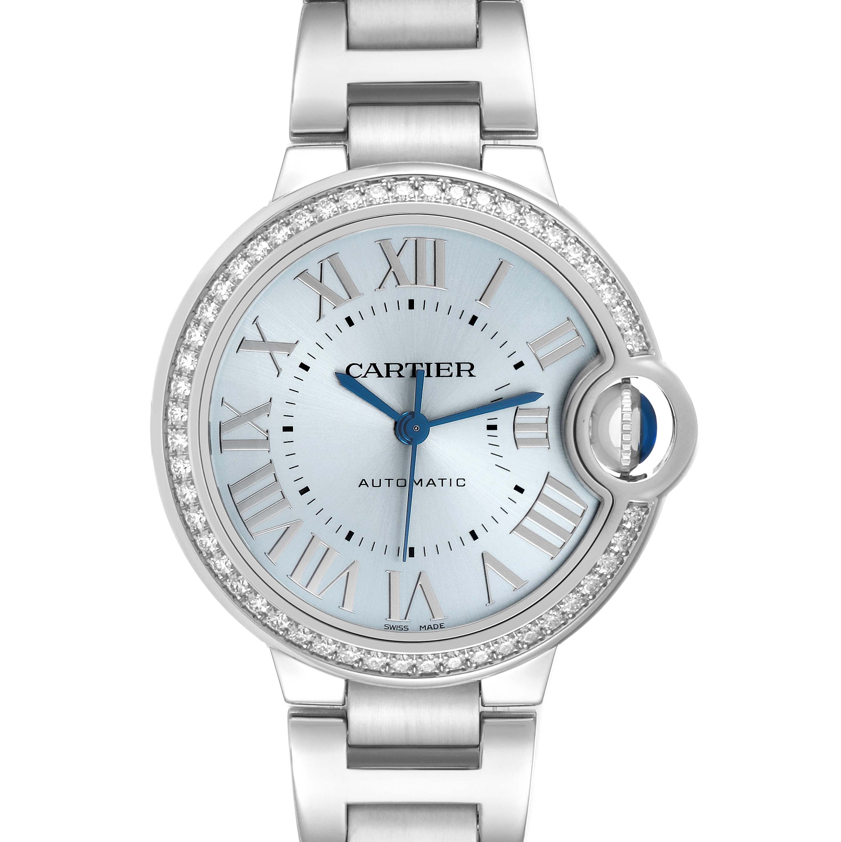 The Cartier Ballon Bleu W4BB0028 Women's Stainless Steel Blue Dial watch is shown from a front angle, highlighting the dial, Roman numerals, crown, and bracelet.