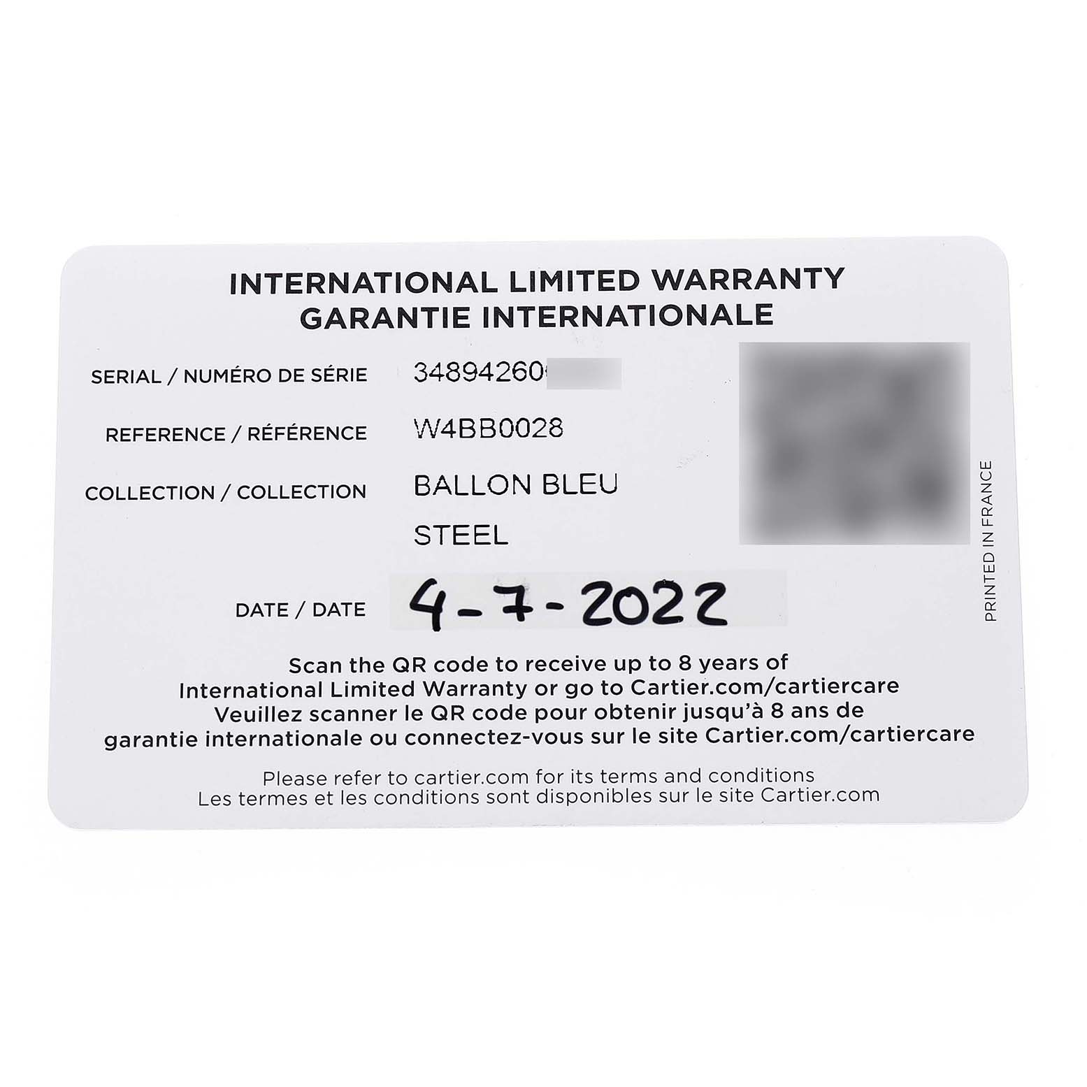 The image shows a warranty card for a Cartier Ballon Bleu W4BB0028 Women's Stainless Steel Blue Dial watch, including details like serial number and date.