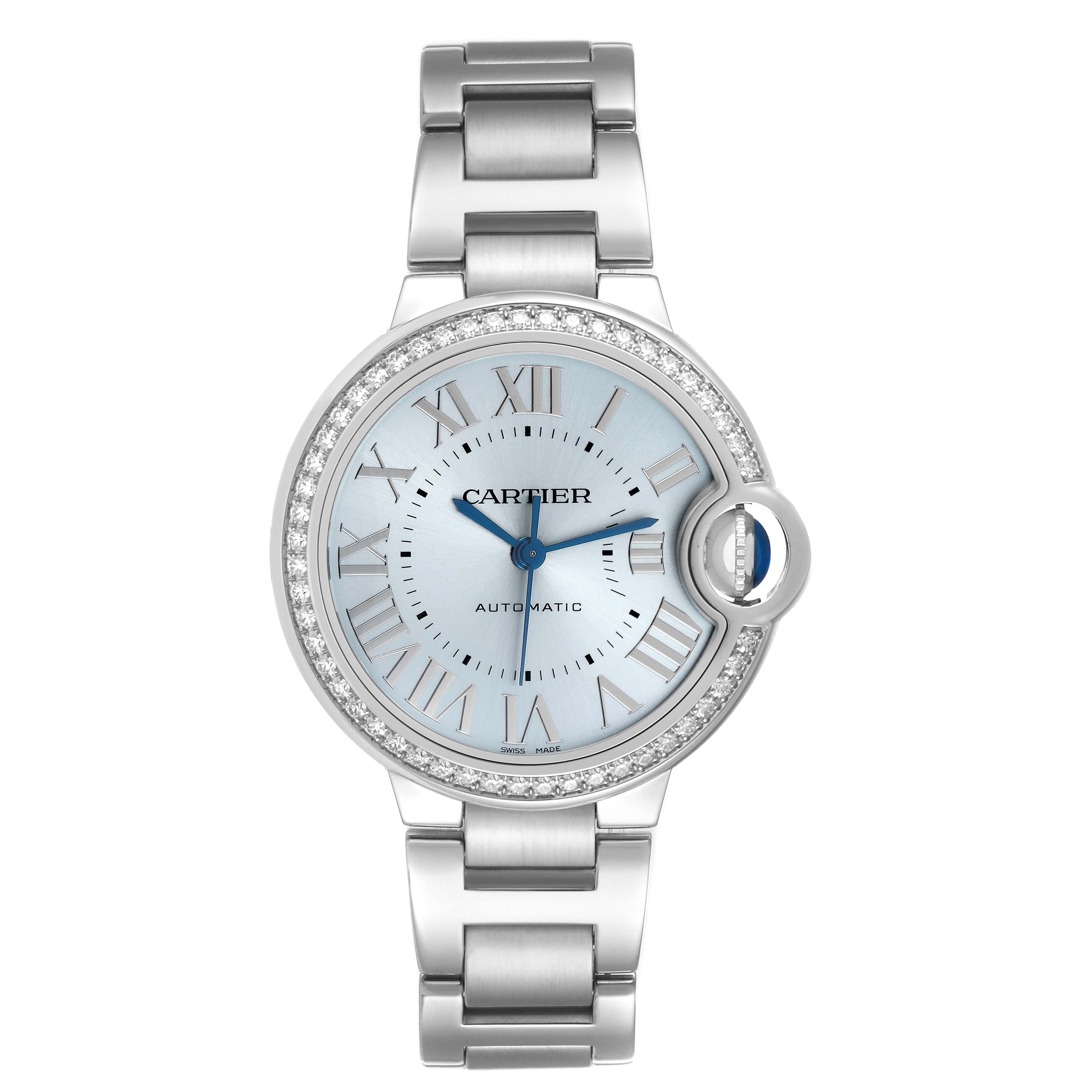 The Cartier Ballon Bleu W4BB0028 Women's Stainless Steel Blue Dial watch is shown from a top-down angle, featuring the face, Roman numerals, blue hands, and metal bracelet.