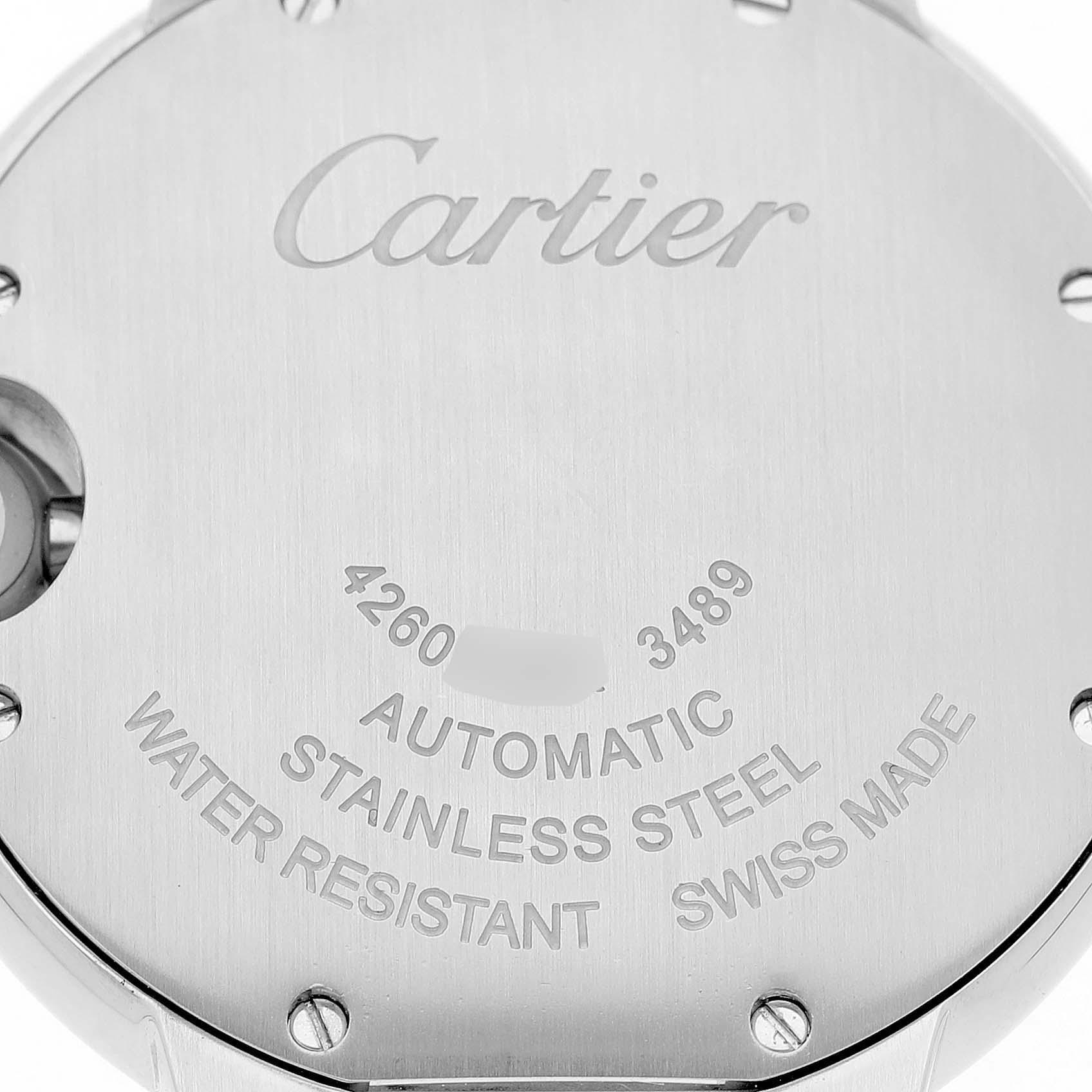 The image shows the back of a Cartier Ballon Bleu W4BB0028 Women's Stainless Steel Blue Dial watch, displaying engravings and specifications.