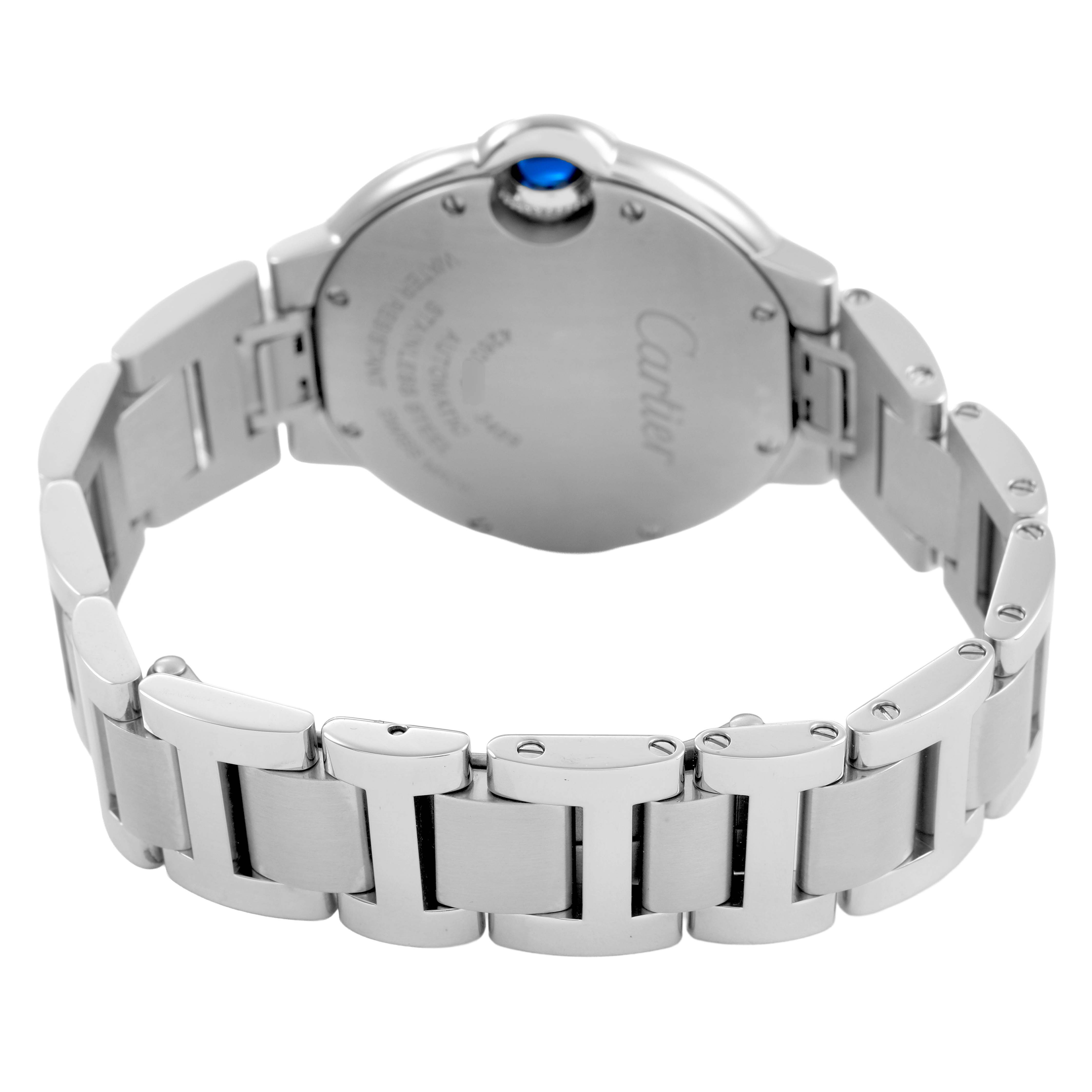 The image shows the back view of the Cartier Ballon Bleu W4BB0028 Women's Stainless Steel Blue Dial watch, highlighting the bracelet and case back with a visible crown.