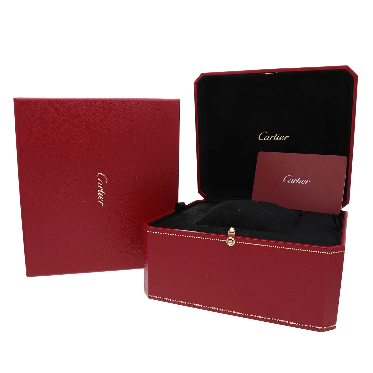 The image shows a Cartier Ballon Bleu W4BB0028 Women's Stainless Steel Blue Dial watch box set with a red box, black interior, and a Cartier card.