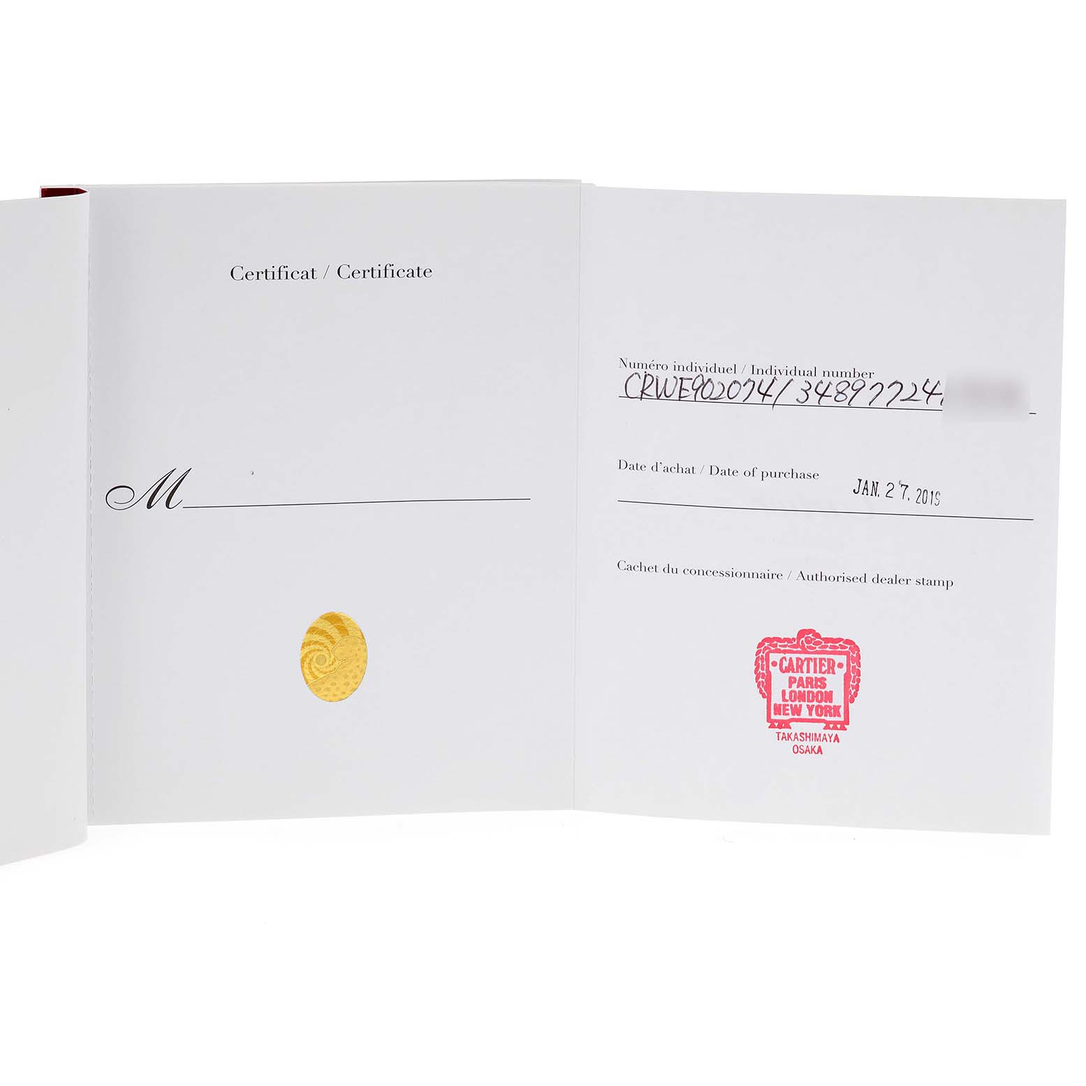 The image shows an open Best Quality
ity certificate booklet with dealer stamp for the Ballon Bleu model by Cartier.