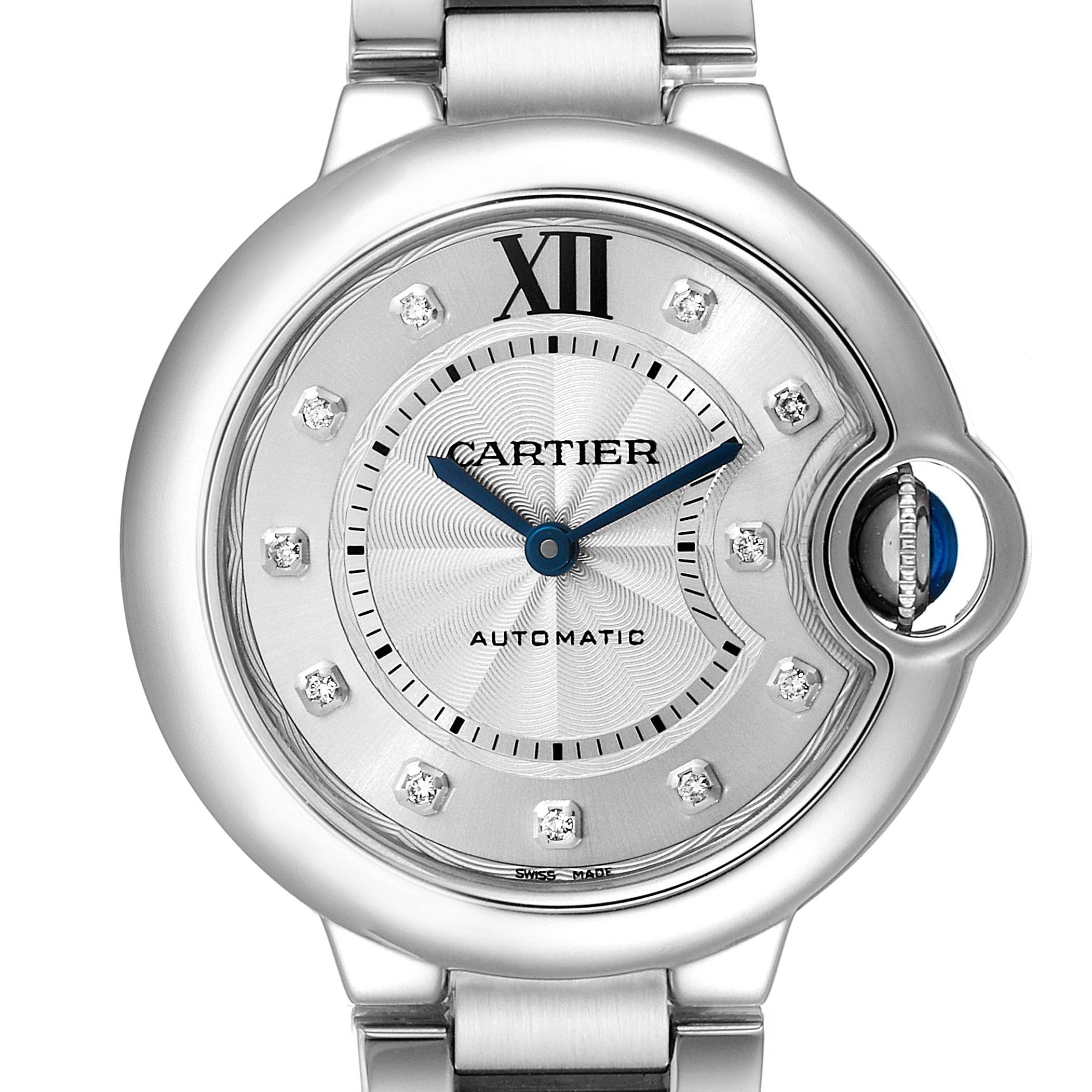 This image shows a close-up of the dial and part of the bracelet of the Ballon Bleu model by Cartier.