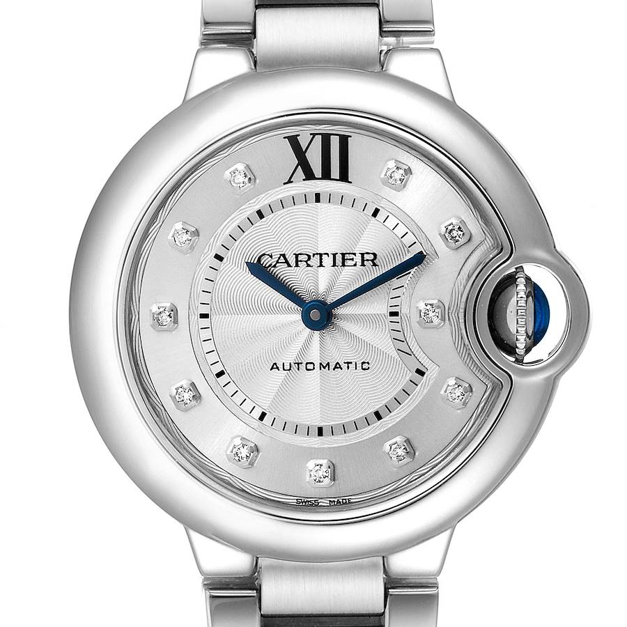 Cartier Ballon Bleu 33mm Automatic Diamond Steel Watch WE902074 Box Papers SwissWatchExpo