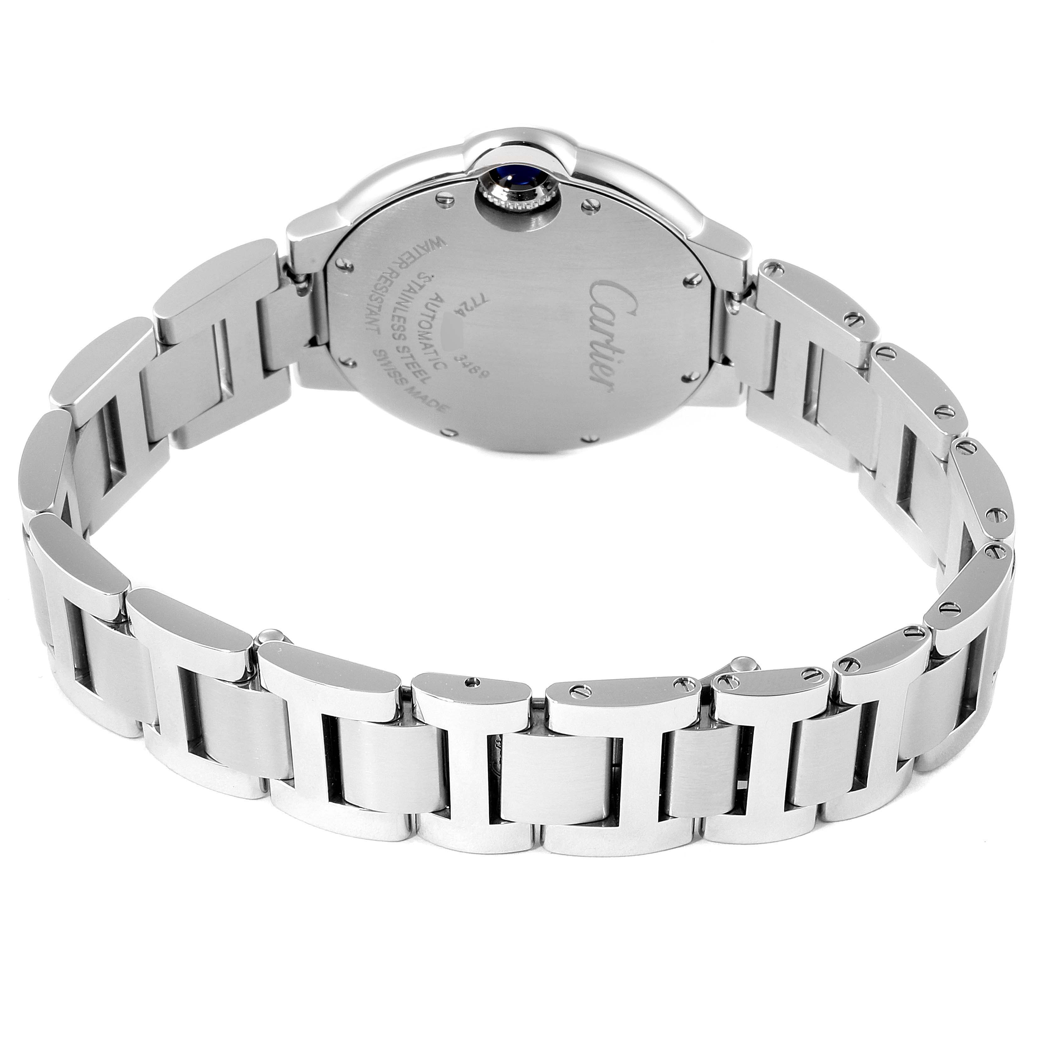 The image shows the back case and stainless steel bracelet of a Cartier Ballon Bleu WE902074 Women
s Stainless Steel Silver Dial WE902074 Women
s Stainless Steel Silver Dial watch.
