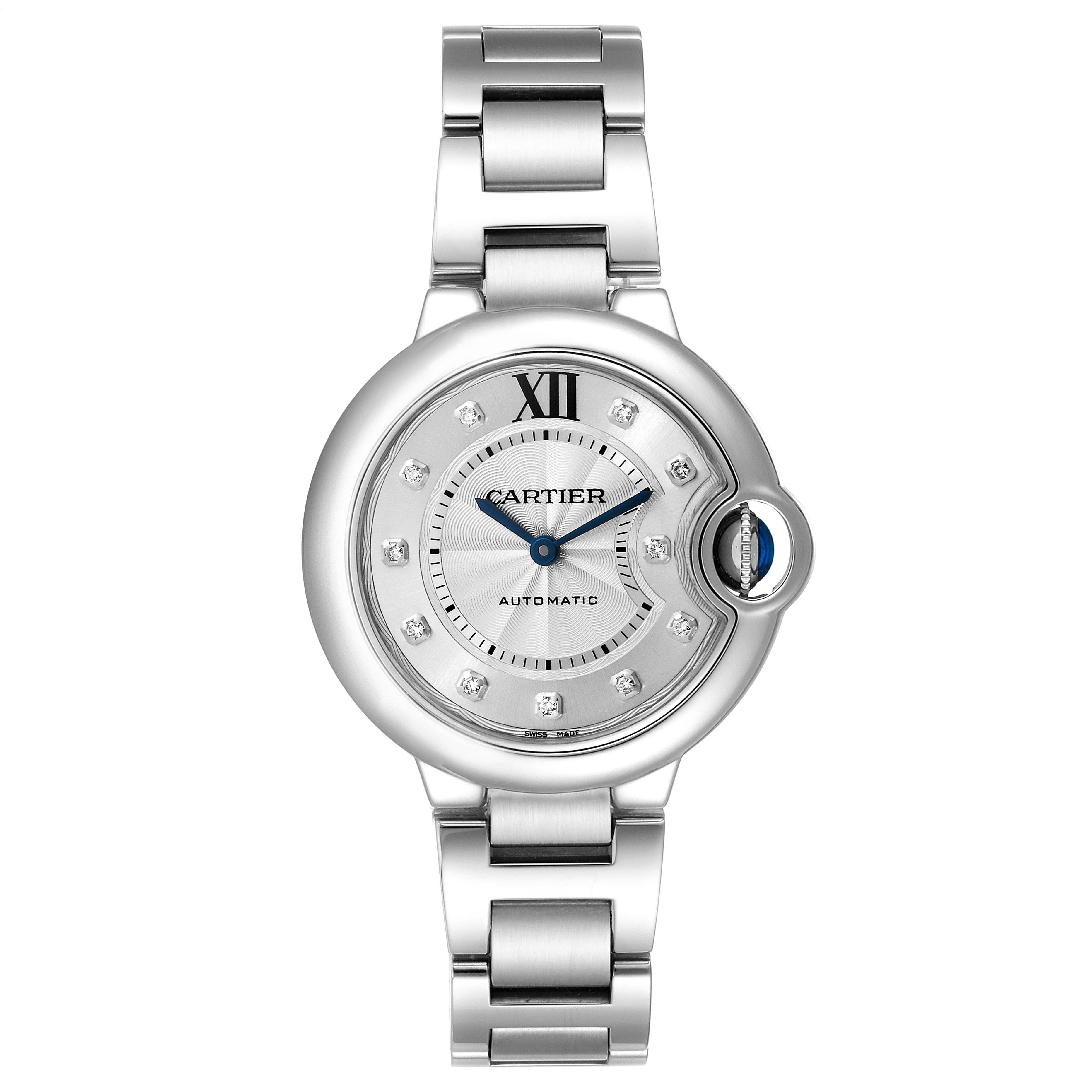The image shows a front view of the Cartier Ballon Bleu WE902074 Women
s Stainless Steel Silver Dial WE902074 Women
s Stainless Steel Silver Dial watch, displaying its dial, hands, bezel, and metal bracelet.