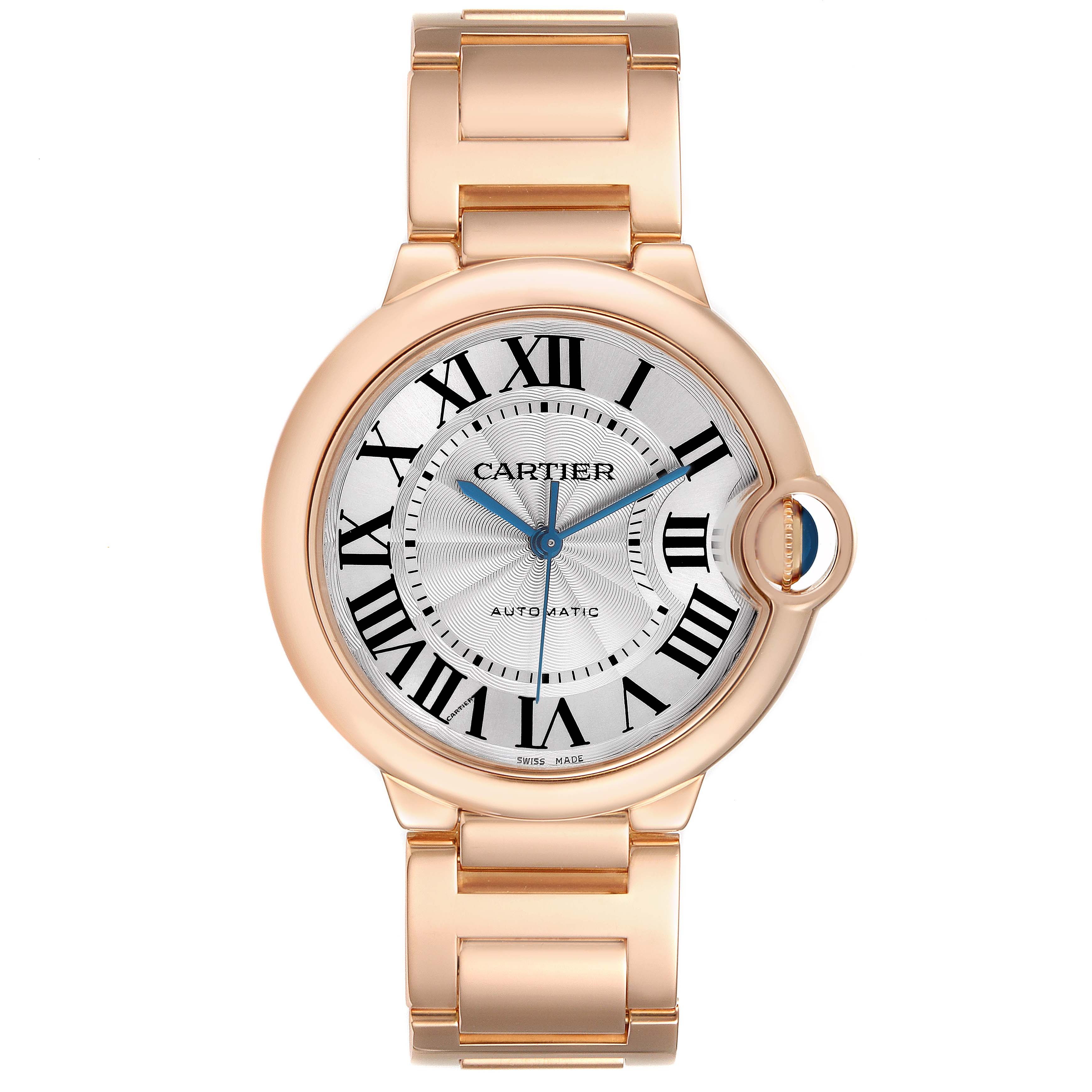 The Cartier Ballon Bleu W69004Z2 Men's Rose Gold Silver Dial watch is shown from a front view, displaying its round case, Roman numerals, and linked bracelet.