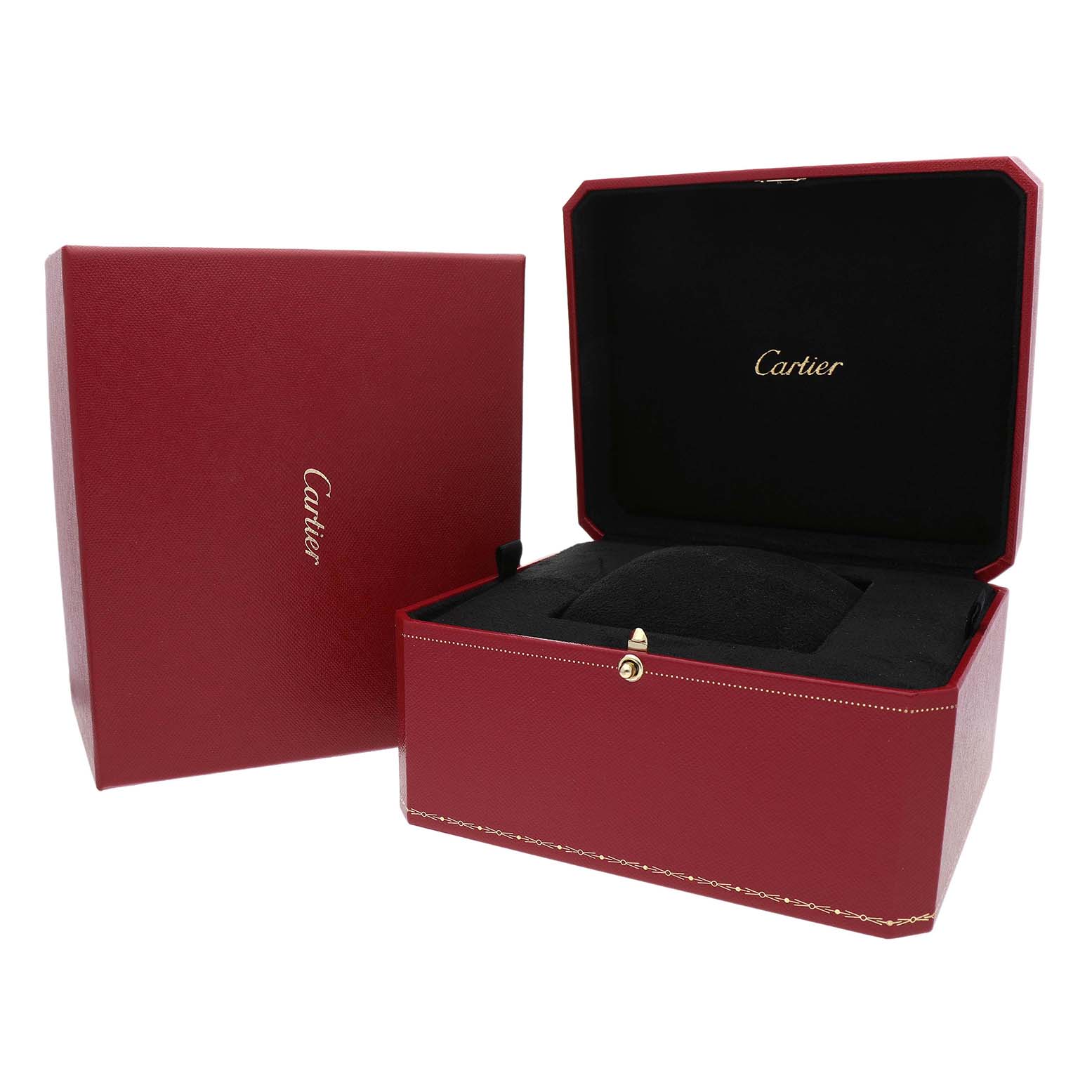 The image shows a Cartier Ballon Bleu W69004Z2 Men's Rose Gold Silver Dial watch box, featuring an open red case with the brand name inside.