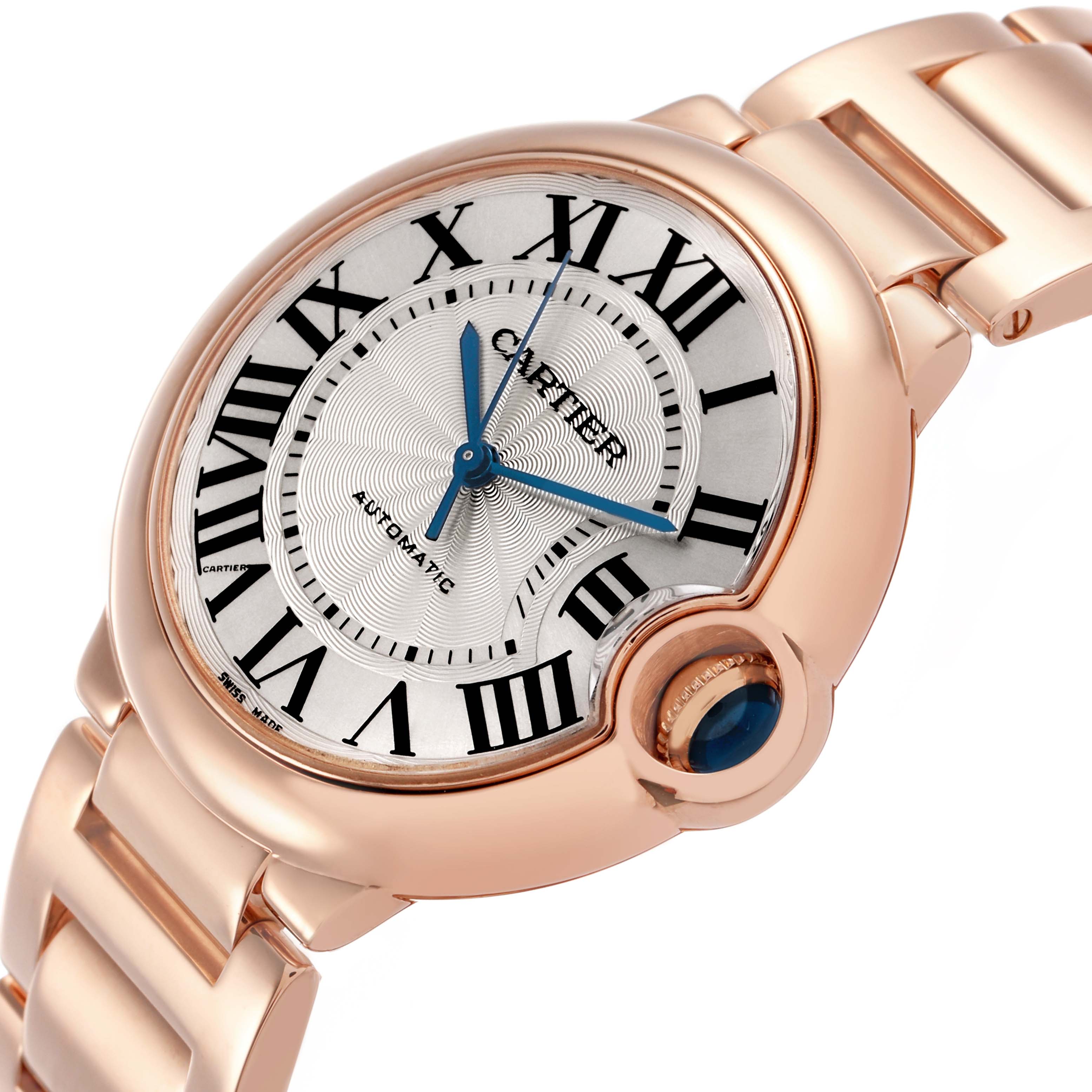 The Cartier Ballon Bleu W69004Z2 Men's Rose Gold Silver Dial watch is shown at a slight angle, highlighting its face with Roman numerals and a metal bracelet.