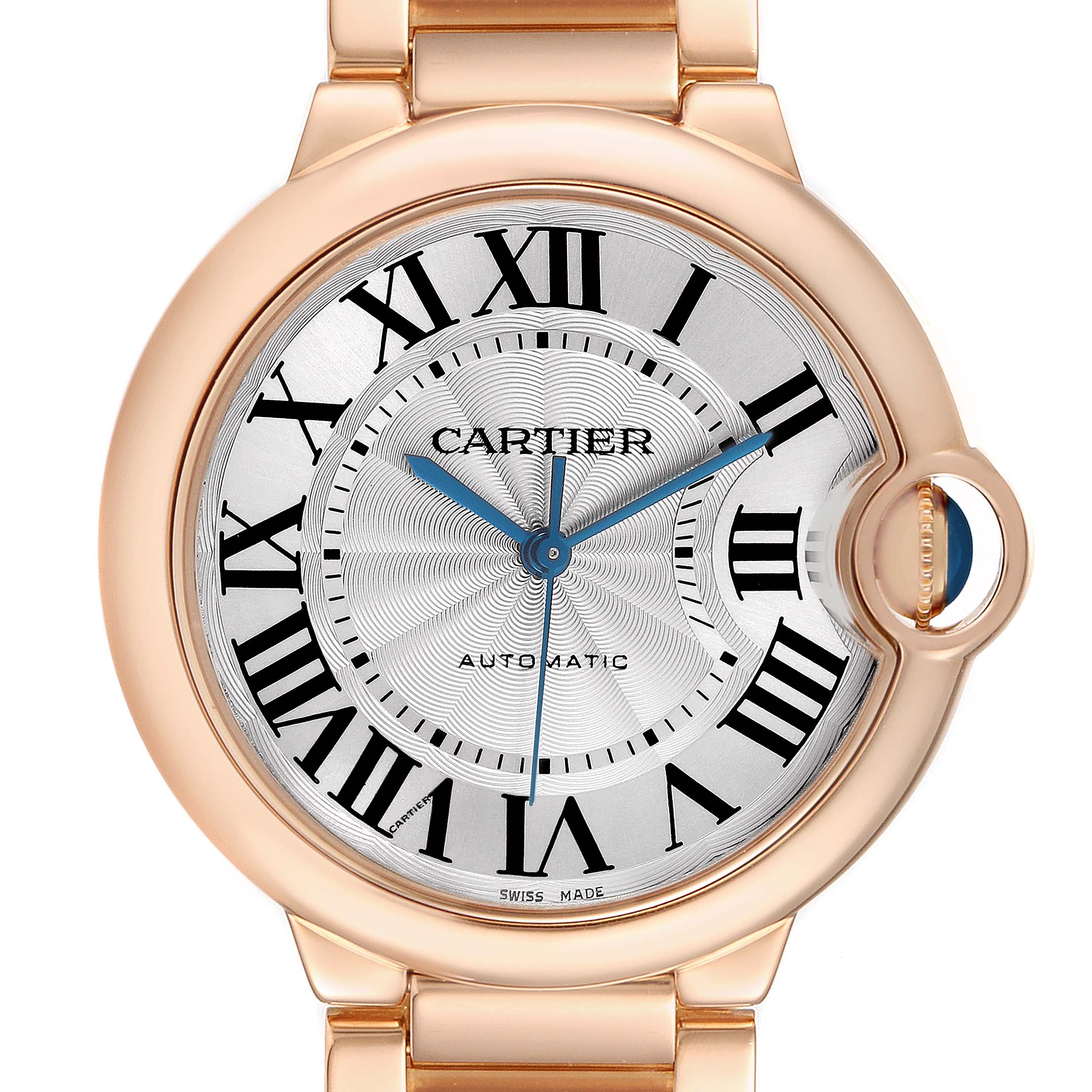 The Cartier Ballon Bleu W69004Z2 Men's Rose Gold Silver Dial watch is shown from a top-down angle displaying its round face, Roman numerals, blued hands, and a unique crown.