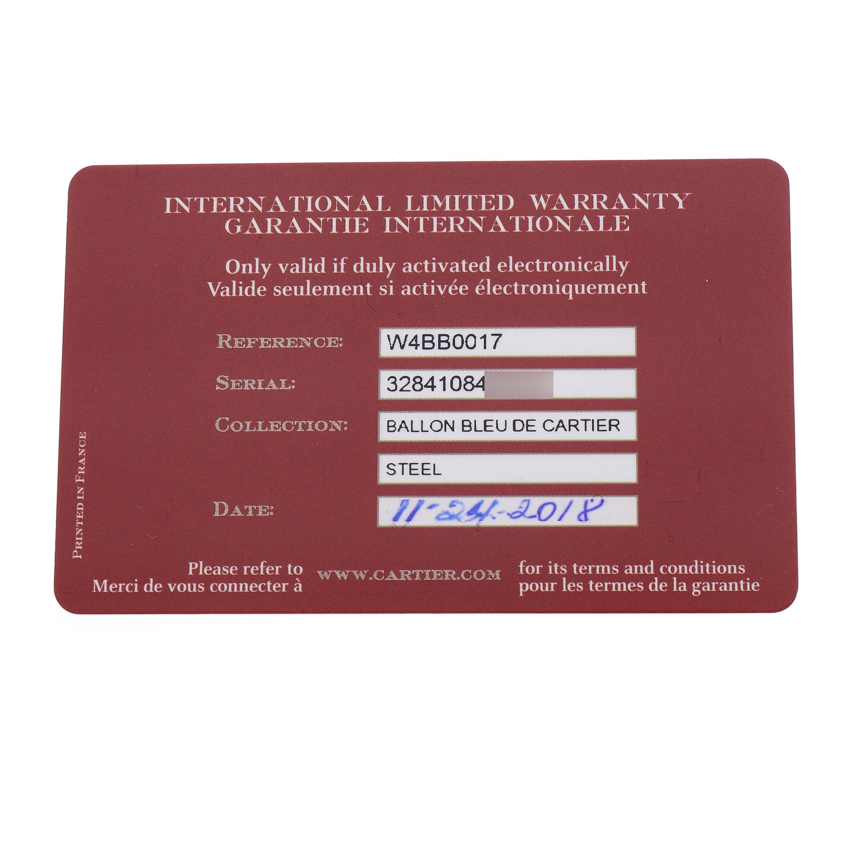The image shows a Cartier Ballon Bleu W4BB0017 Men's Stainless Steel Silver Dial model's warranty card with reference, serial number, and purchase date.