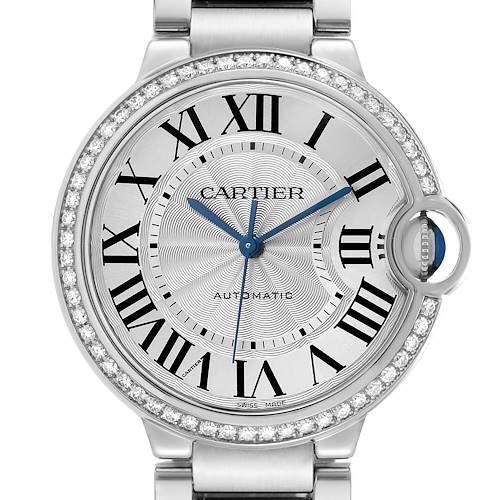 The Cartier Ballon Bleu W4BB0017 Men's Stainless Steel Silver Dial watch is shown from the front, highlighting the dial, Roman numerals, and diamond-set bezel.