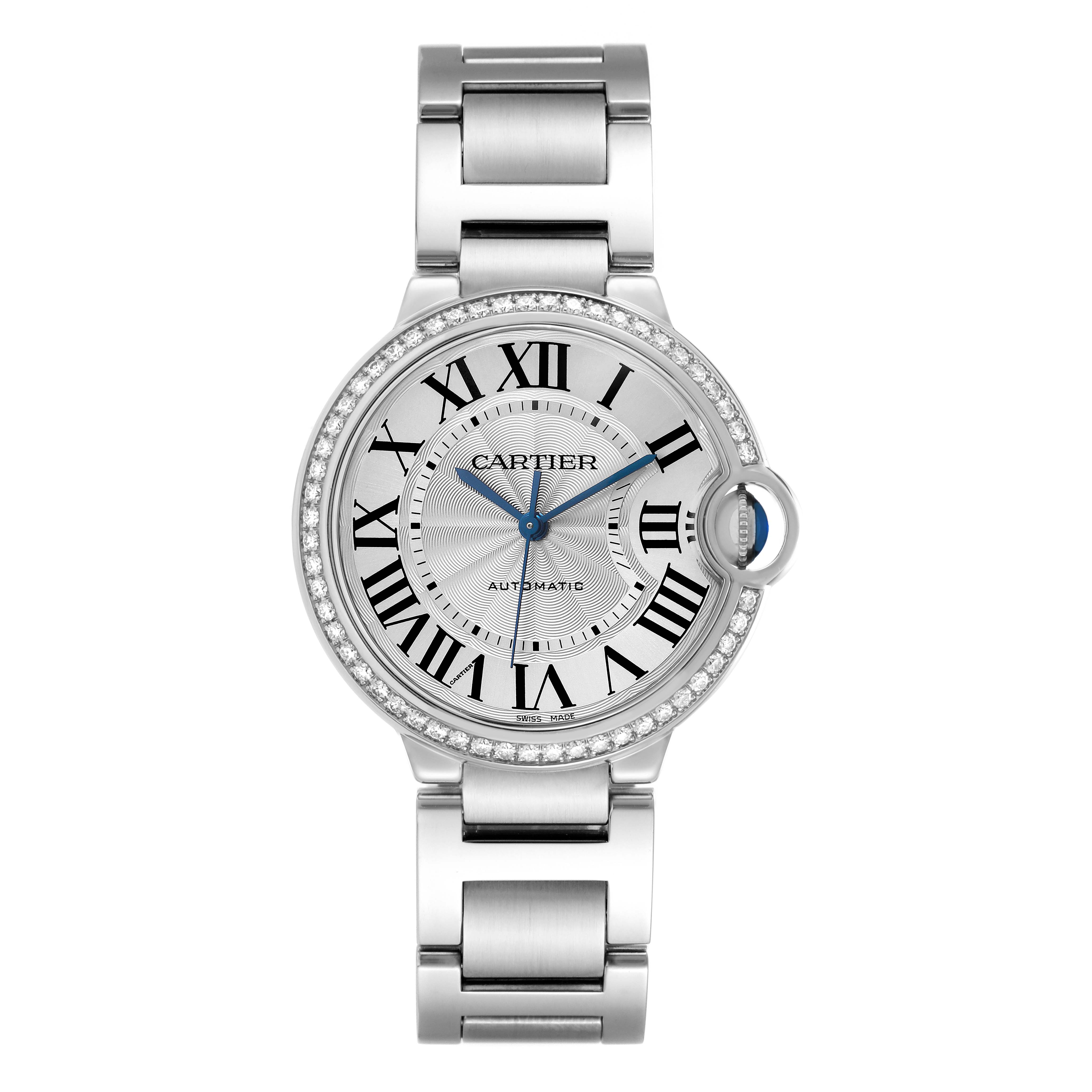 The Cartier Ballon Bleu W4BB0017 Men's Stainless Steel Silver Dial watch is shown from the front, displaying the face, silver bracelet, and prominent Roman numerals.