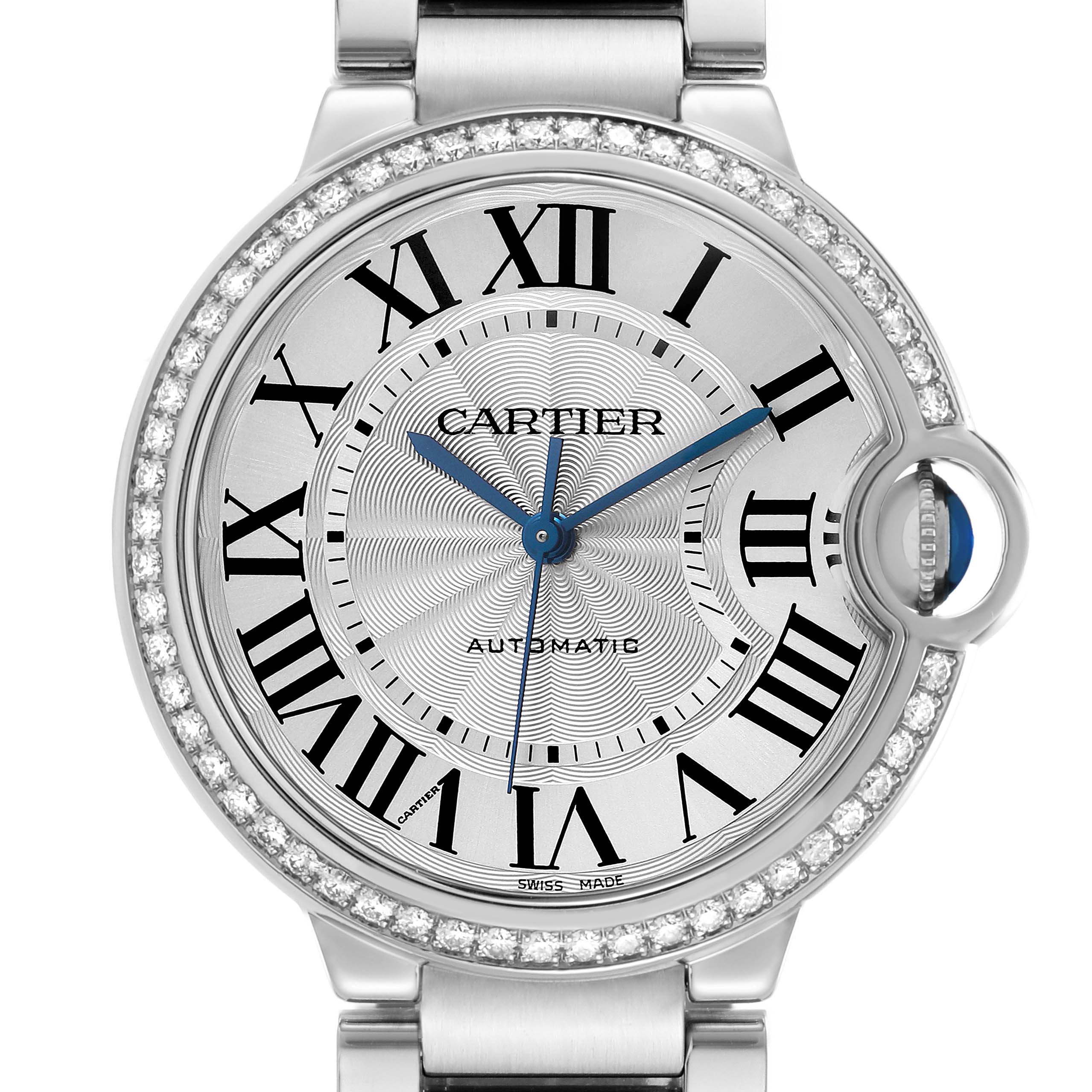 The Cartier Ballon Bleu W4BB0017 Men's Stainless Steel Silver Dial watch is shown from the front, displaying the dial with Roman numerals and blue hands.