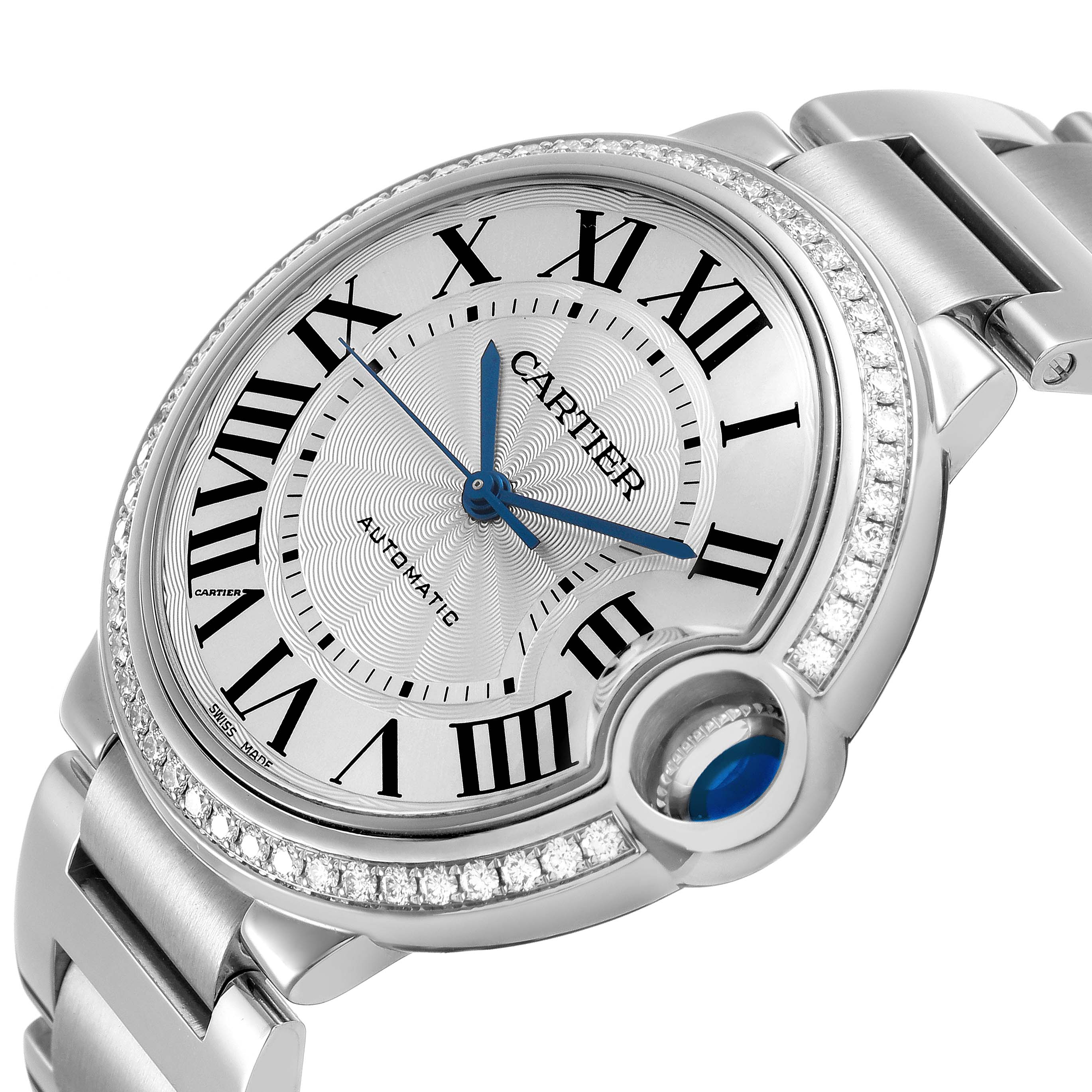 The Cartier Ballon Bleu W4BB0017 Men's Stainless Steel Silver Dial watch is shown at an angle highlighting the dial, Roman numerals, blue hands, crown, and bracelet.