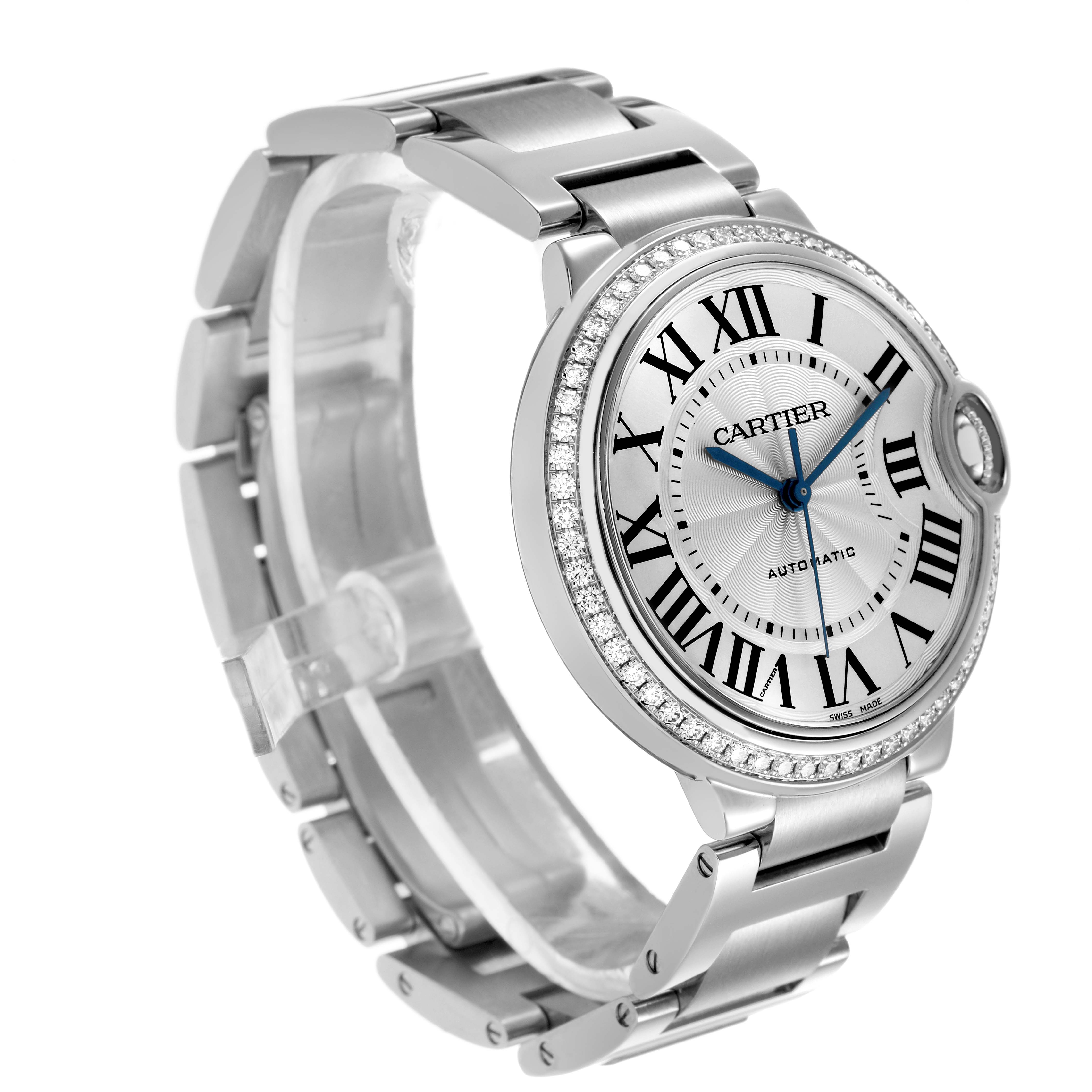 The image shows a Cartier Ballon Bleu W4BB0017 Men's Stainless Steel Silver Dial watch at an angled side view, highlighting the round case, bracelet, and crown detail.
