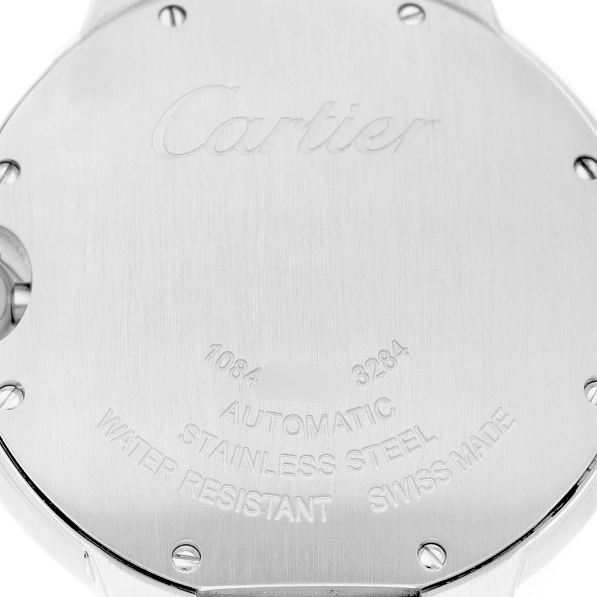 The image shows the back of a Cartier Ballon Bleu W4BB0017 Men's Stainless Steel Silver Dial watch, highlighting its stainless steel case and engraved details.