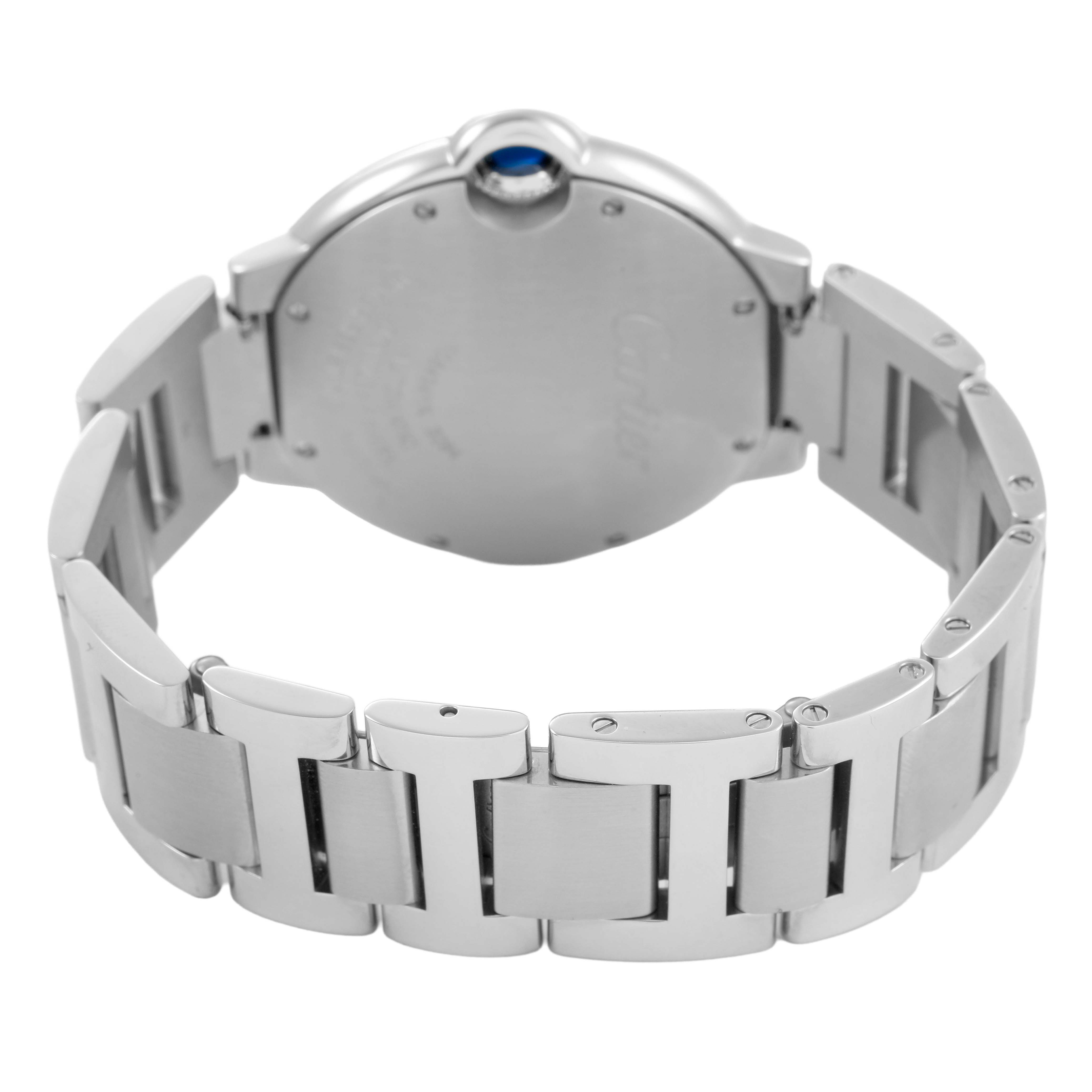 The Cartier Ballon Bleu W4BB0017 Men's Stainless Steel Silver Dial watch is shown from the back, highlighting the stainless steel bracelet and case back.