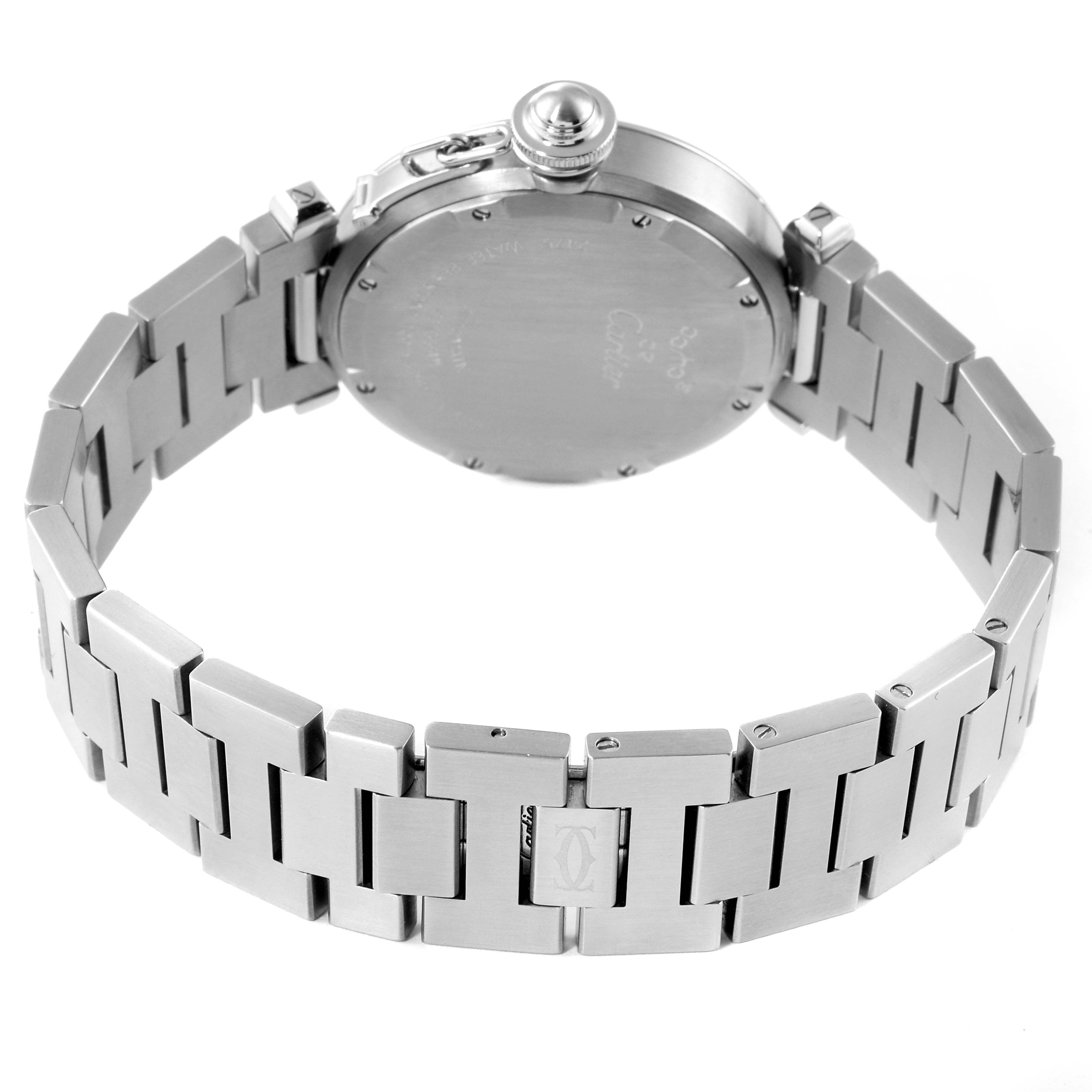 The image shows the back view of a Cartier Pasha W31058M7 Women's Stainless Steel Pink Dial W31058M7 Women's Stainless Steel Pink Dial model watch, highlighting its bracelet and case.